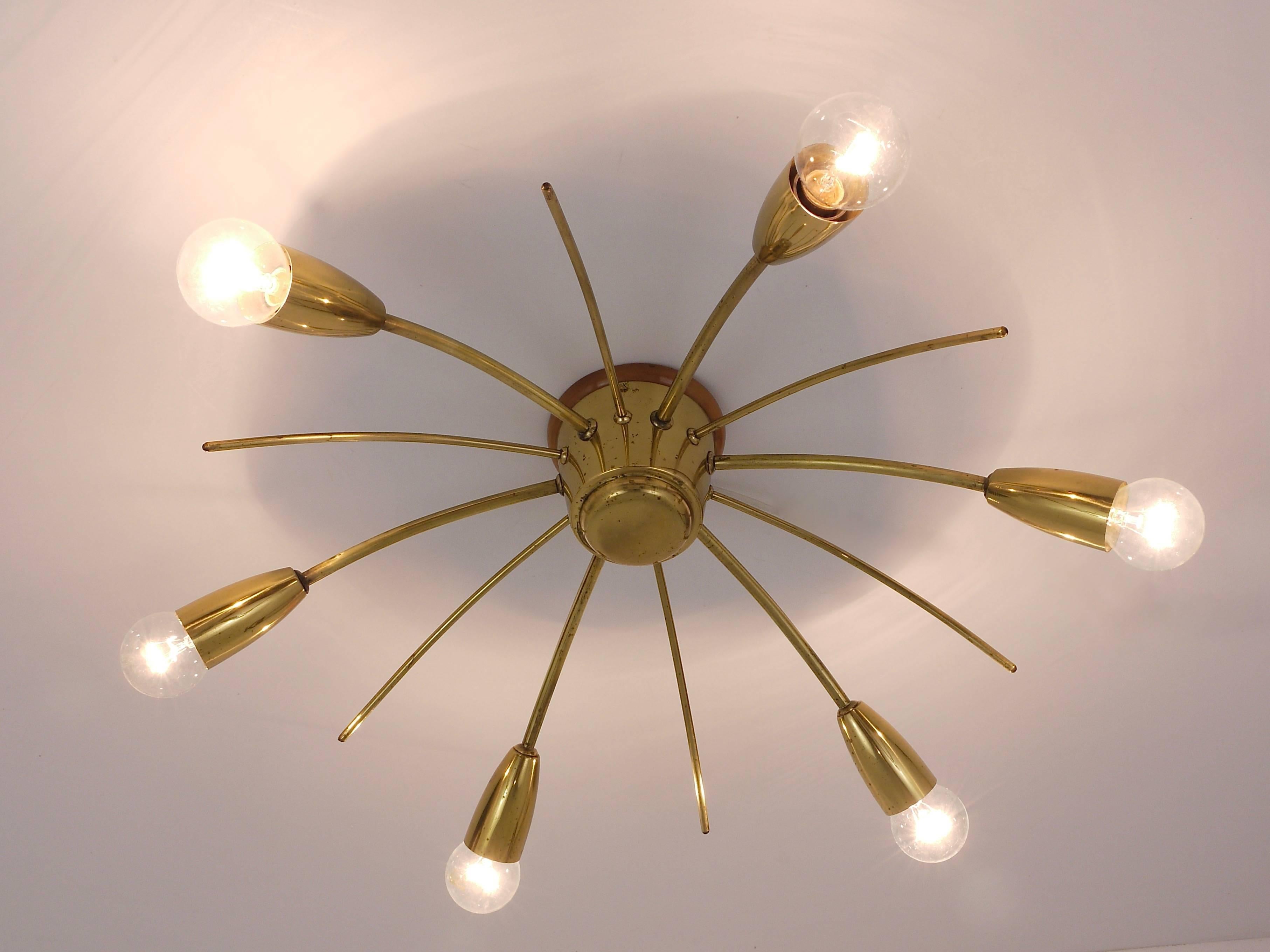 J.T. Kalmar Sun Mid-Century Brass Chandelier Ceiling Lamp, Austria, 1950s For Sale 2