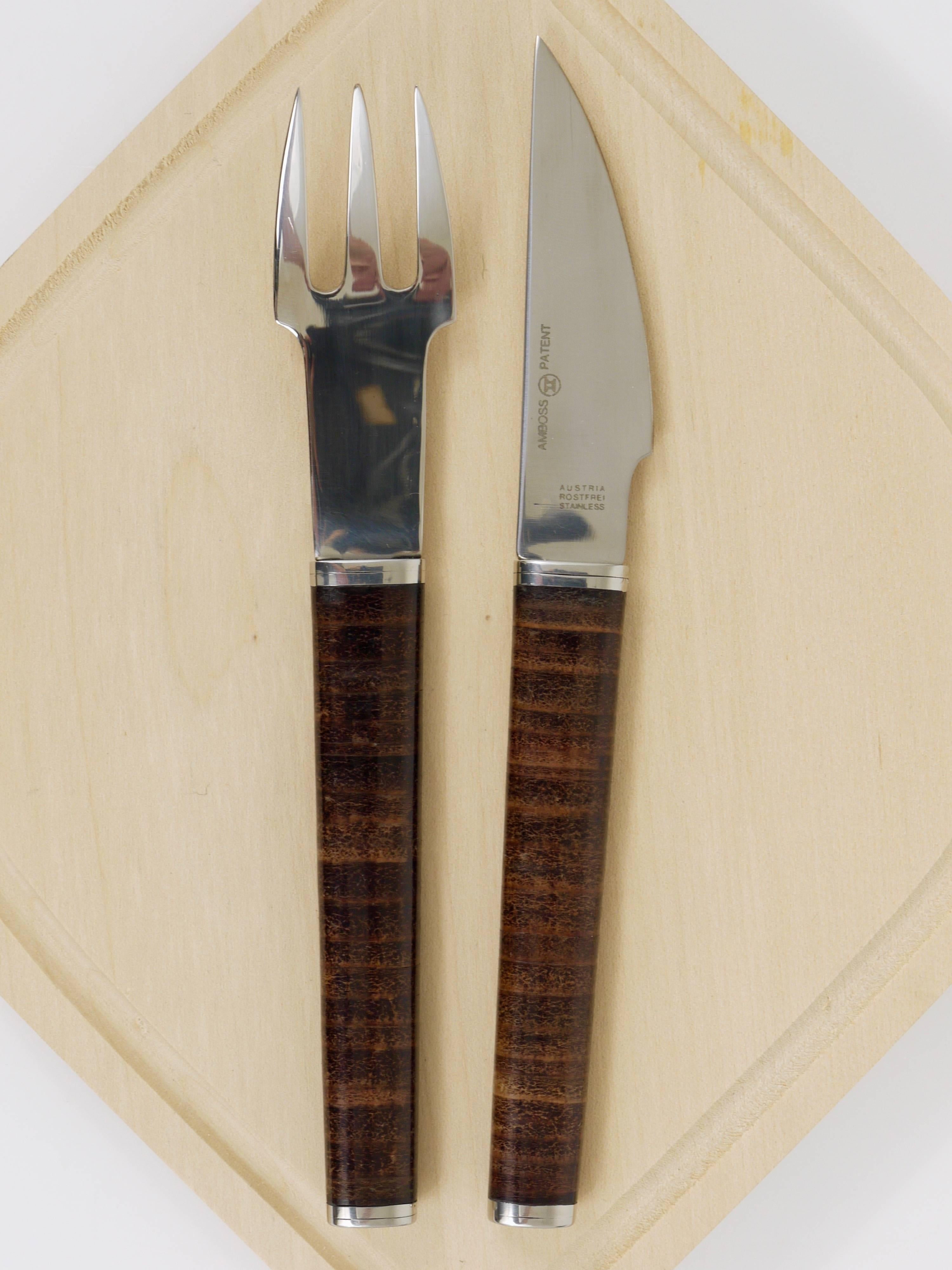 Stainless Steel János Megyik Snack Set, Knife, Fork & Wood Board, Amboss Austria, 1970s For Sale