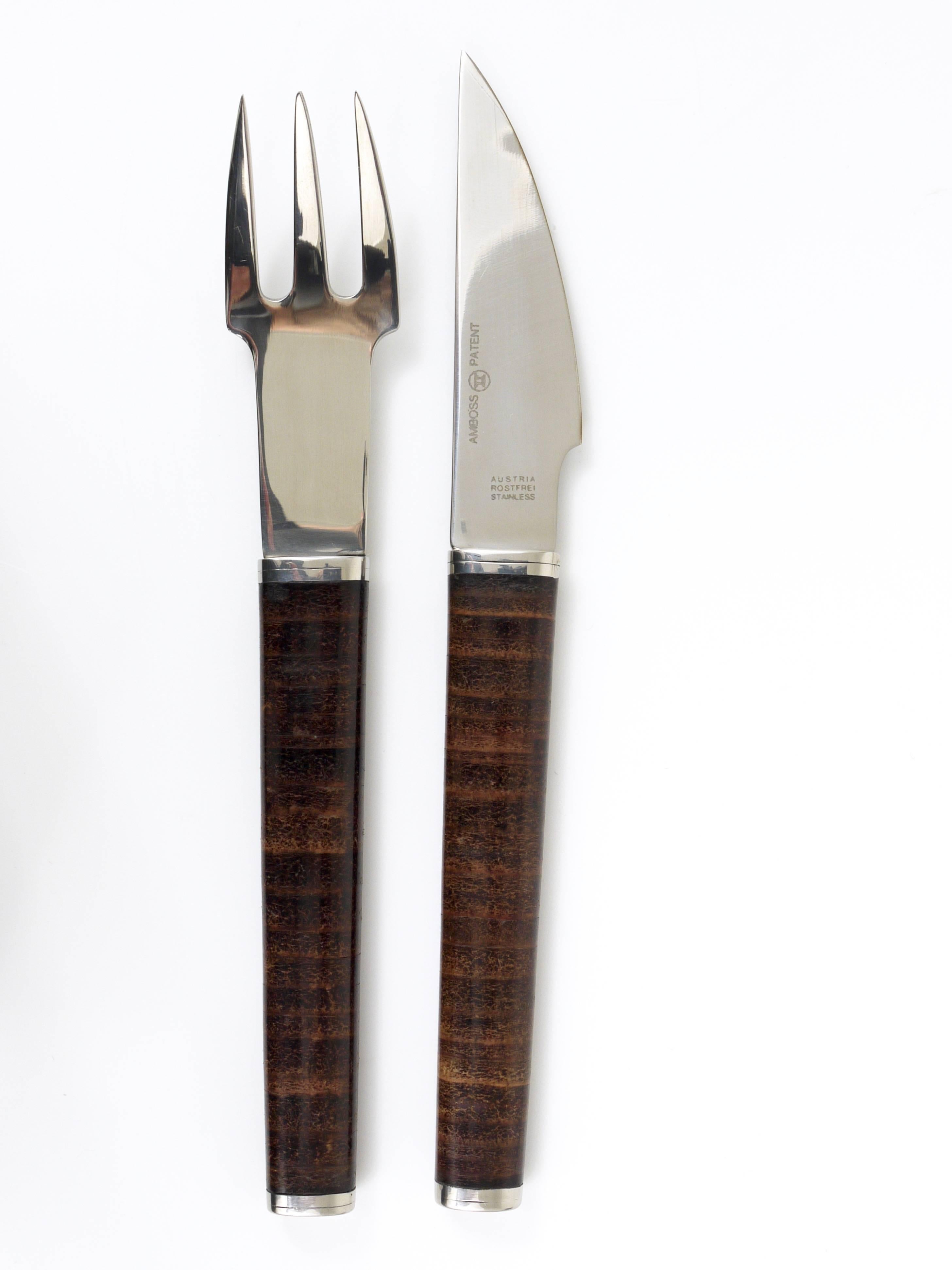 Mid-Century Modern János Megyik Snack Set, Knife, Fork & Wood Board, Amboss Austria, 1970s For Sale