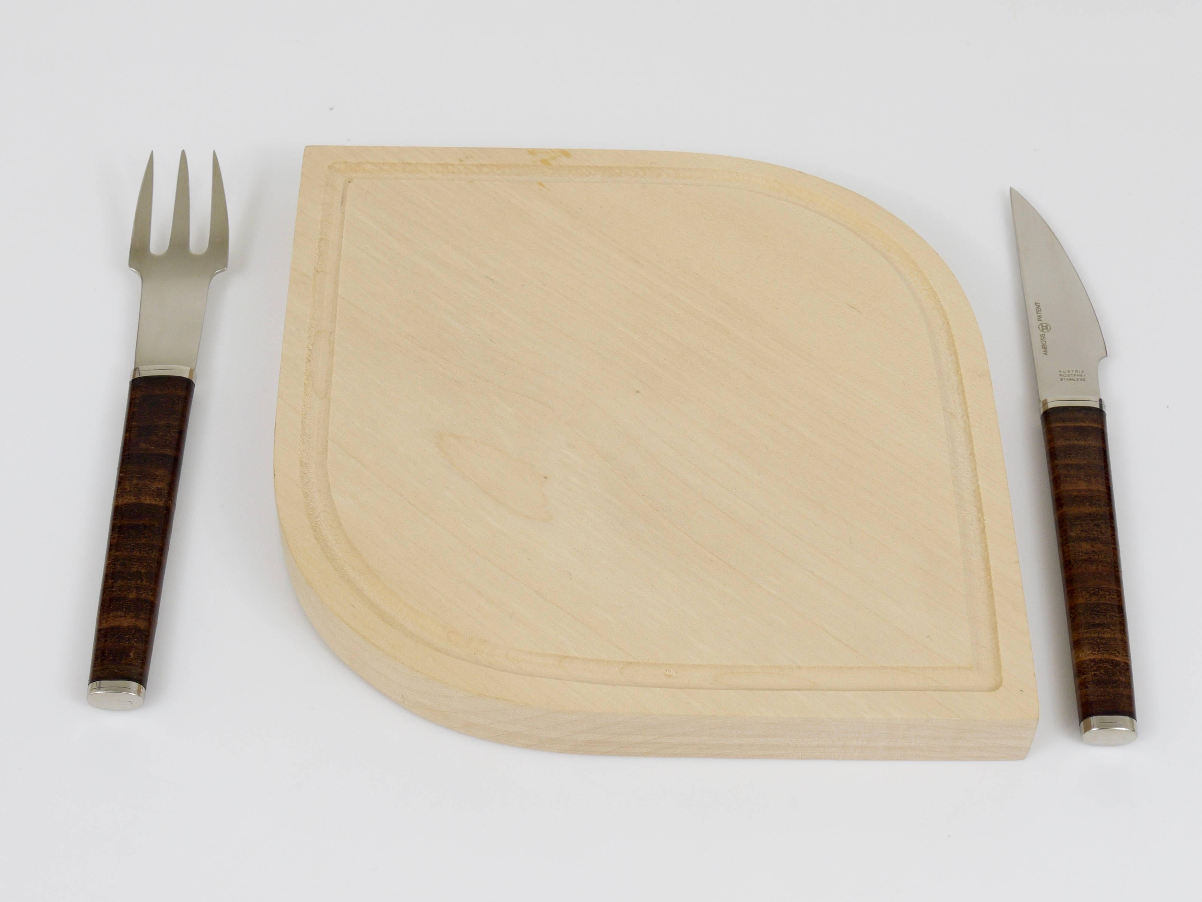 20th Century János Megyik Snack Set, Knife, Fork & Wood Board, Amboss Austria, 1970s For Sale