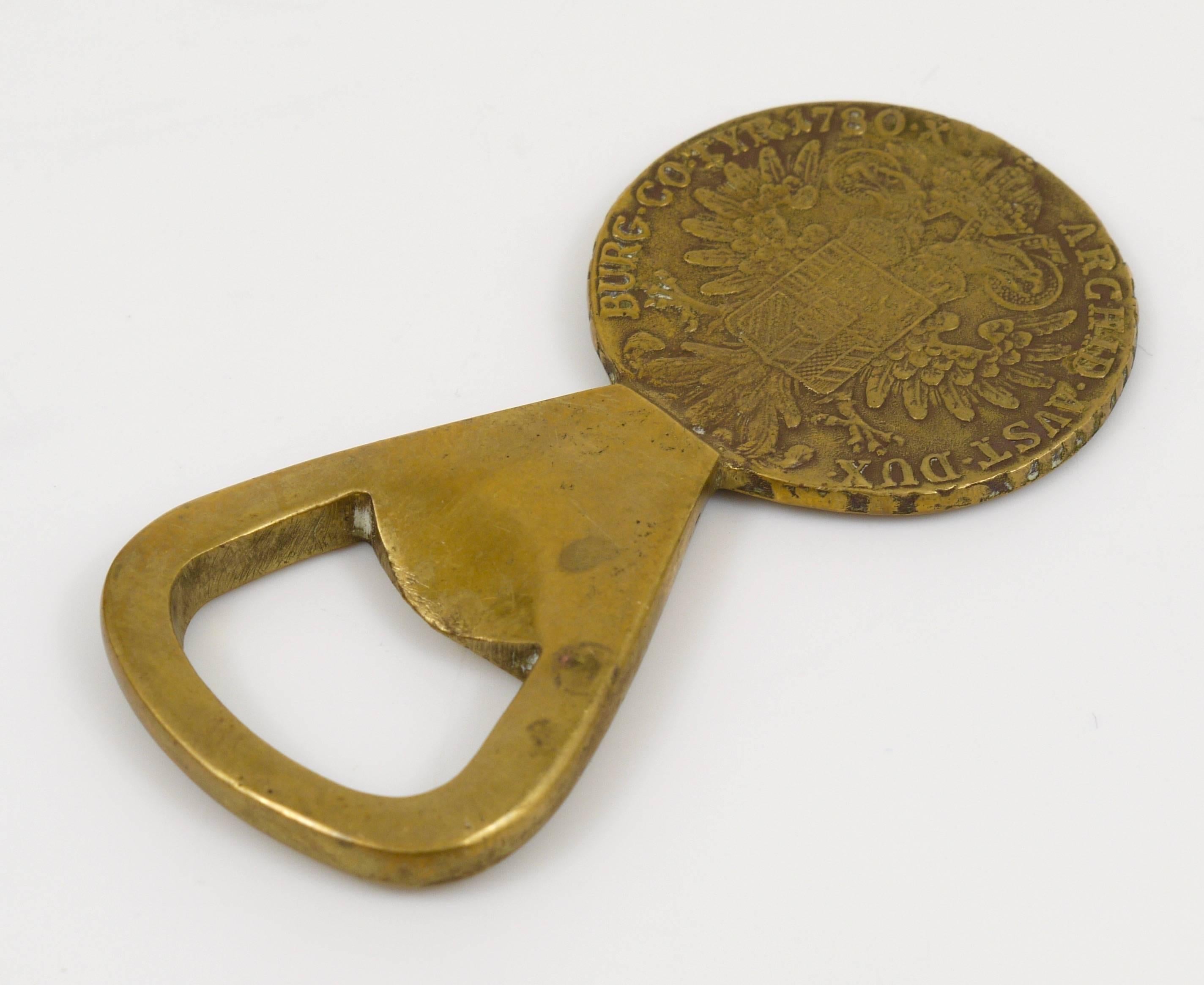 Mid-Century Modern Carl Aubock Brass Maria Theresia Coin Bottle Opener, Austria, 1950s For Sale