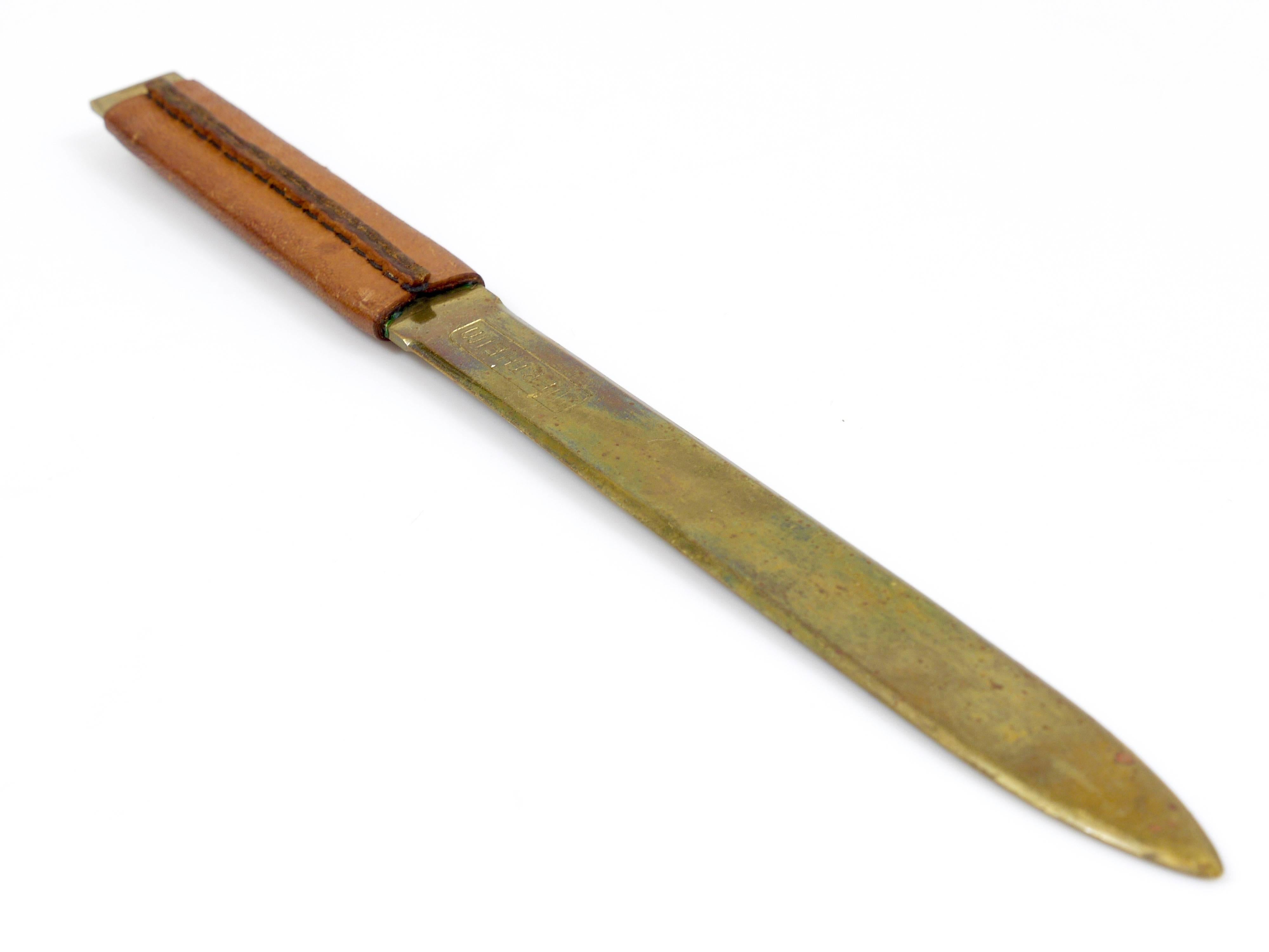 Mid-Century Modern Carl Aubock Brass Letter Opener with Leather Handle, Austria, 1950s