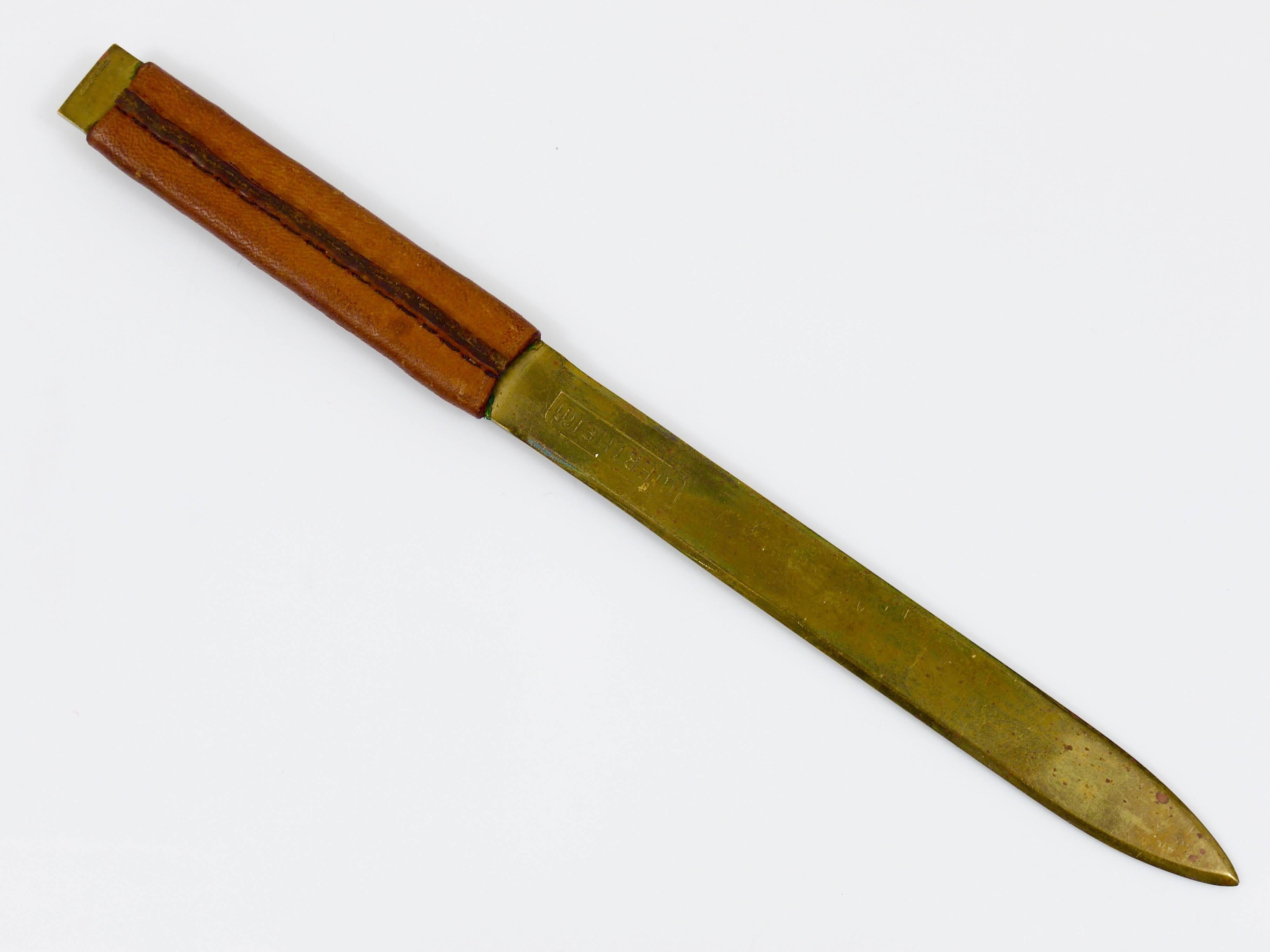 Carl Aubock Brass Letter Opener with Leather Handle, Austria, 1950s 1