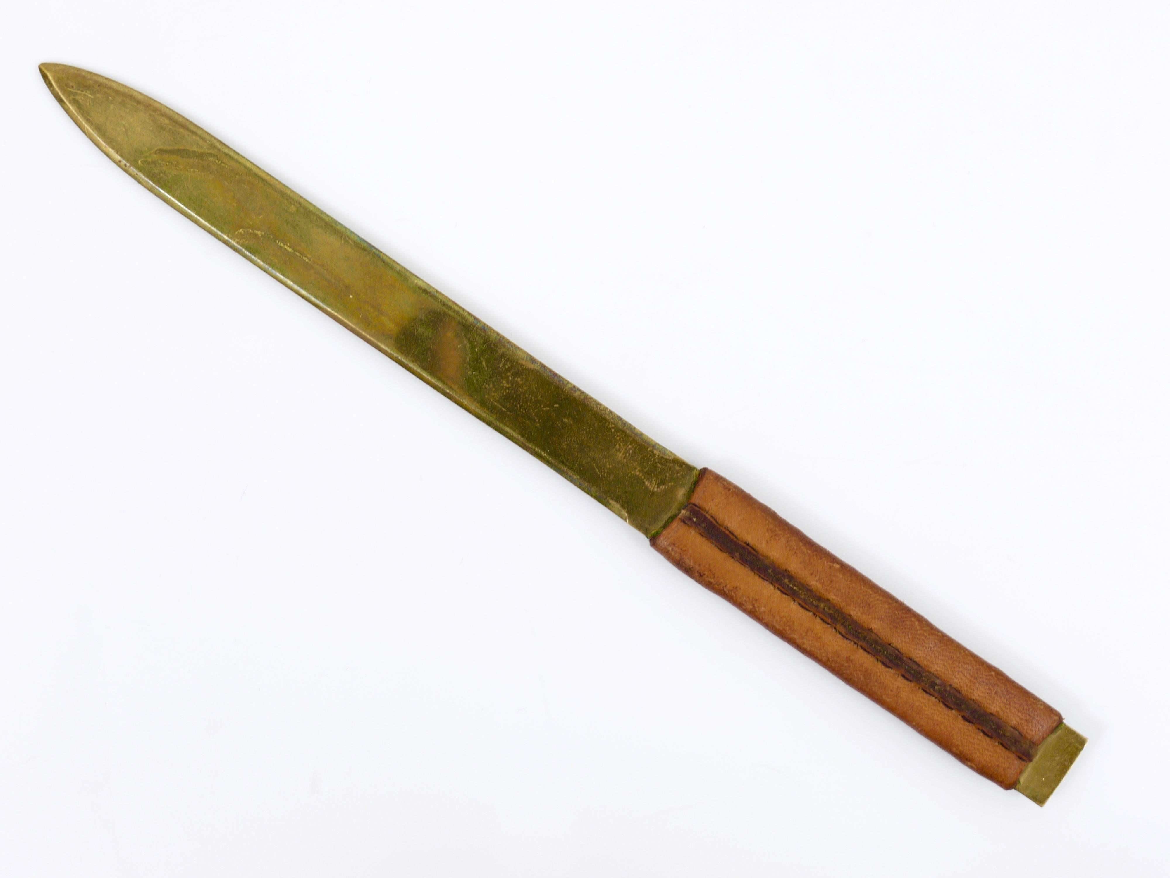 Austrian Carl Aubock Brass Letter Opener with Leather Handle, Austria, 1950s