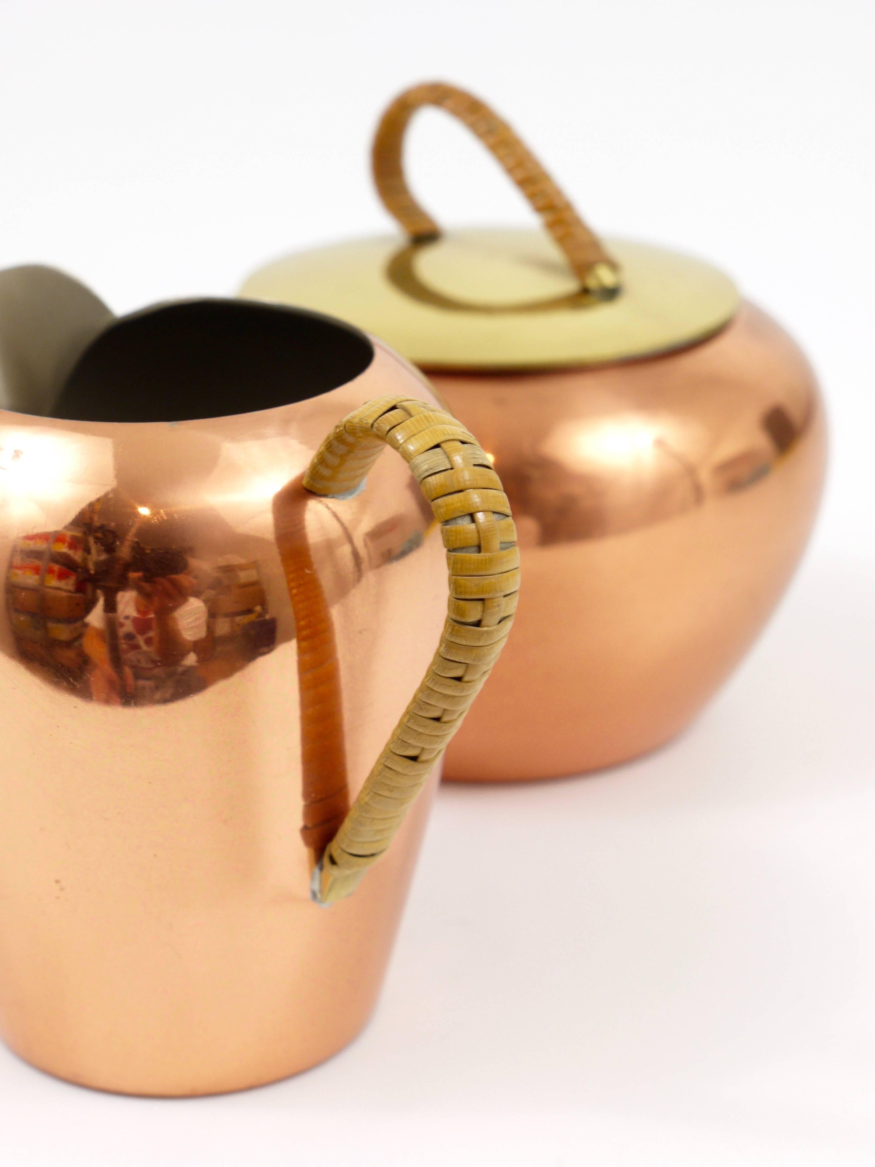 Austrian Mid-Century Copper & Brass Milk Creamer and Sugar Bowl with Lid, Austria, 1950s For Sale