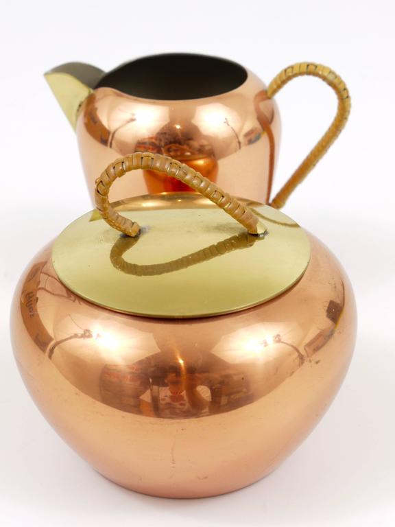 Copper Coffee Pot, Cream, and Sugar Set. Copper Coffee Serving Dishes with  Brass
