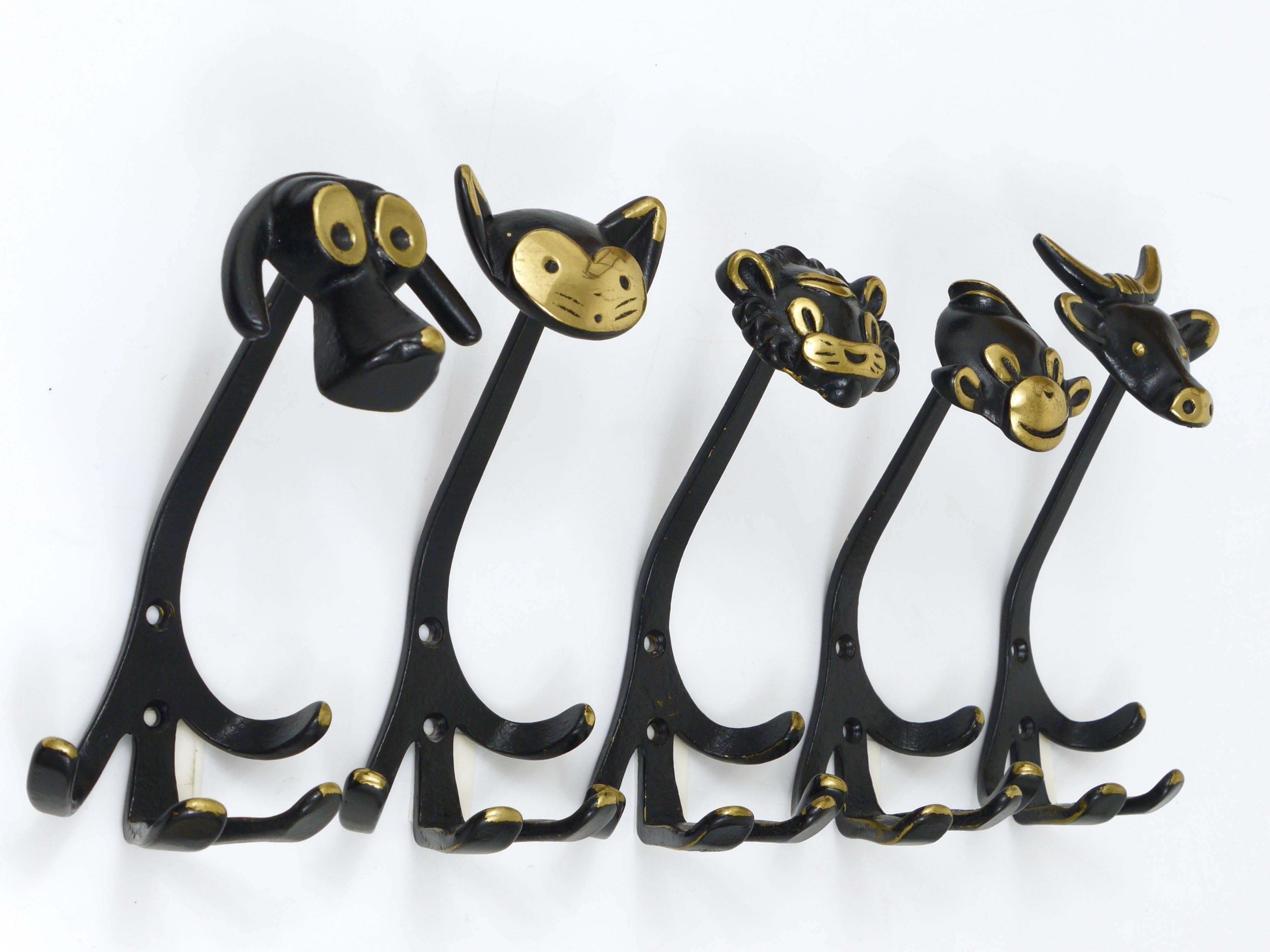 Five Walter Bosse Brass Wall Hooks of a Cow, Dog, Cat, Lion and Monkey, 1950s 3