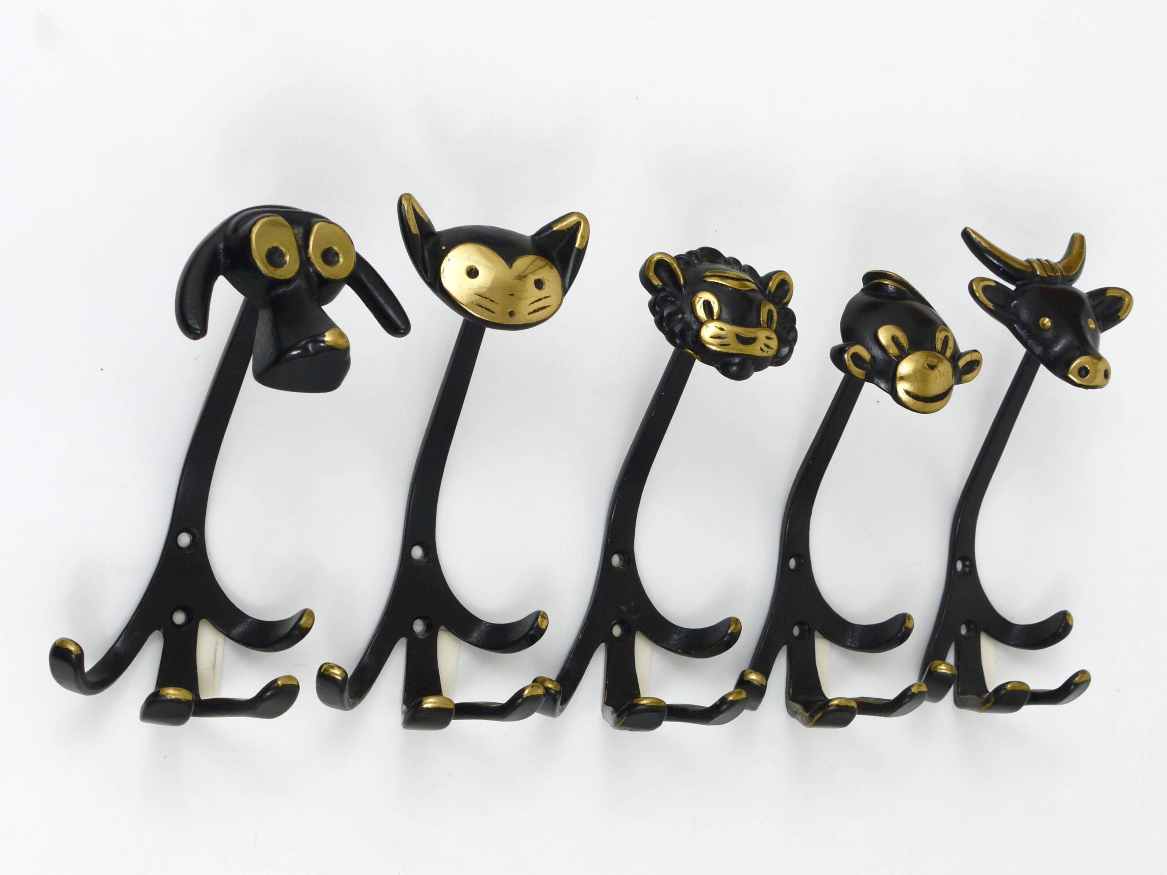 Mid-Century Modern Five Walter Bosse Brass Wall Hooks of a Cow, Dog, Cat, Lion and Monkey, 1950s