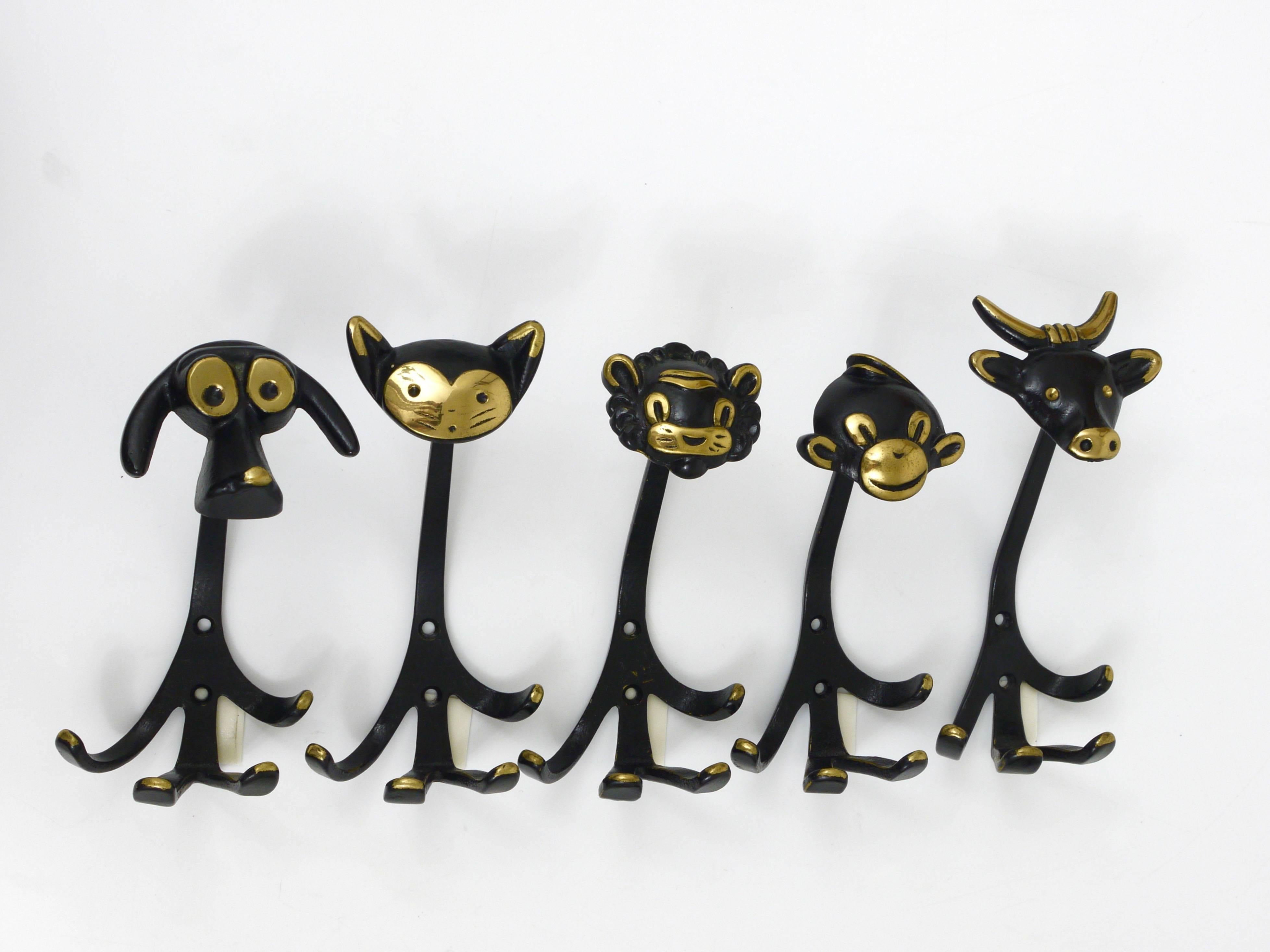 20th Century Five Walter Bosse Brass Wall Hooks of a Cow, Dog, Cat, Lion and Monkey, 1950s