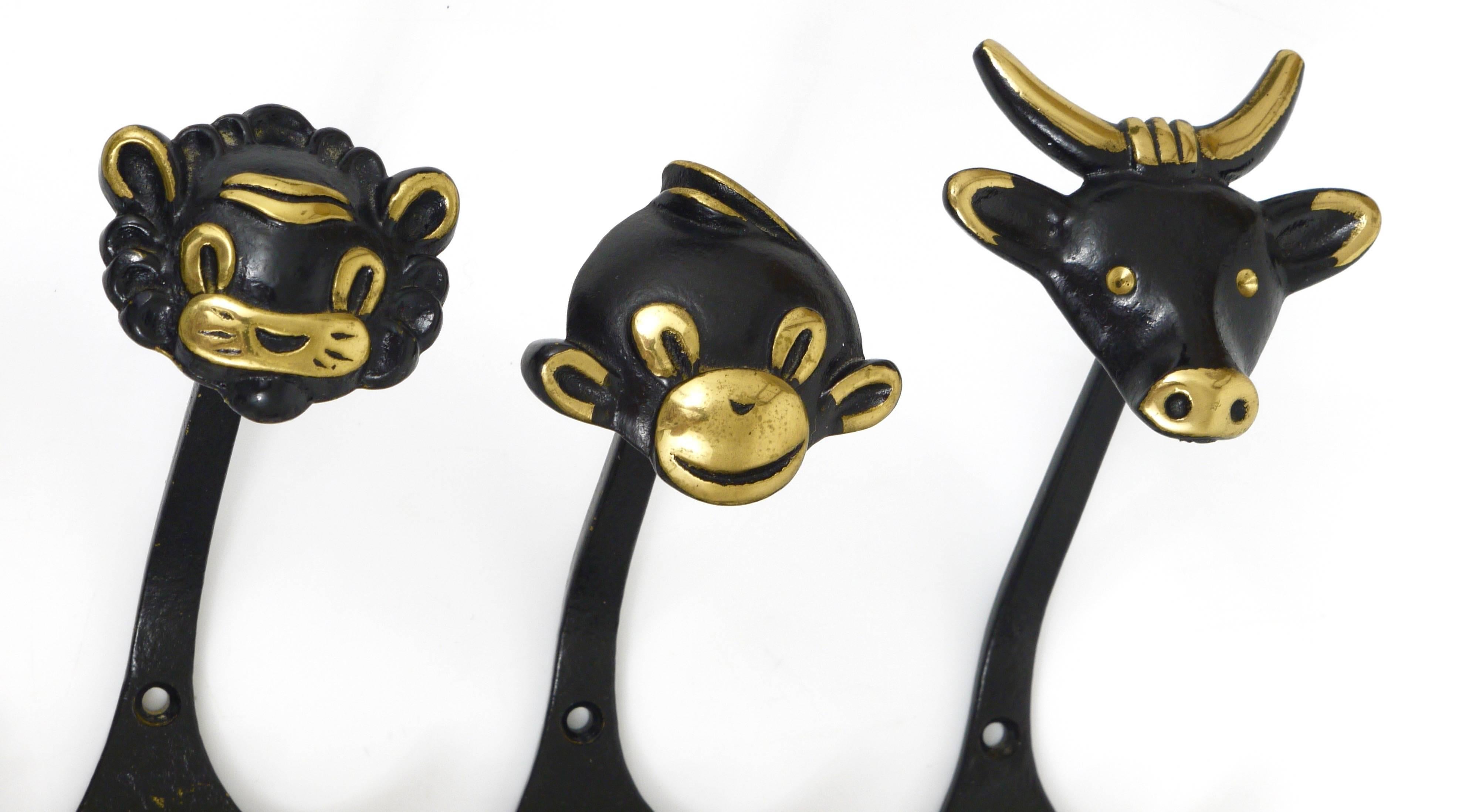 Five Walter Bosse Brass Wall Hooks of a Cow, Dog, Cat, Lion and Monkey, 1950s 2
