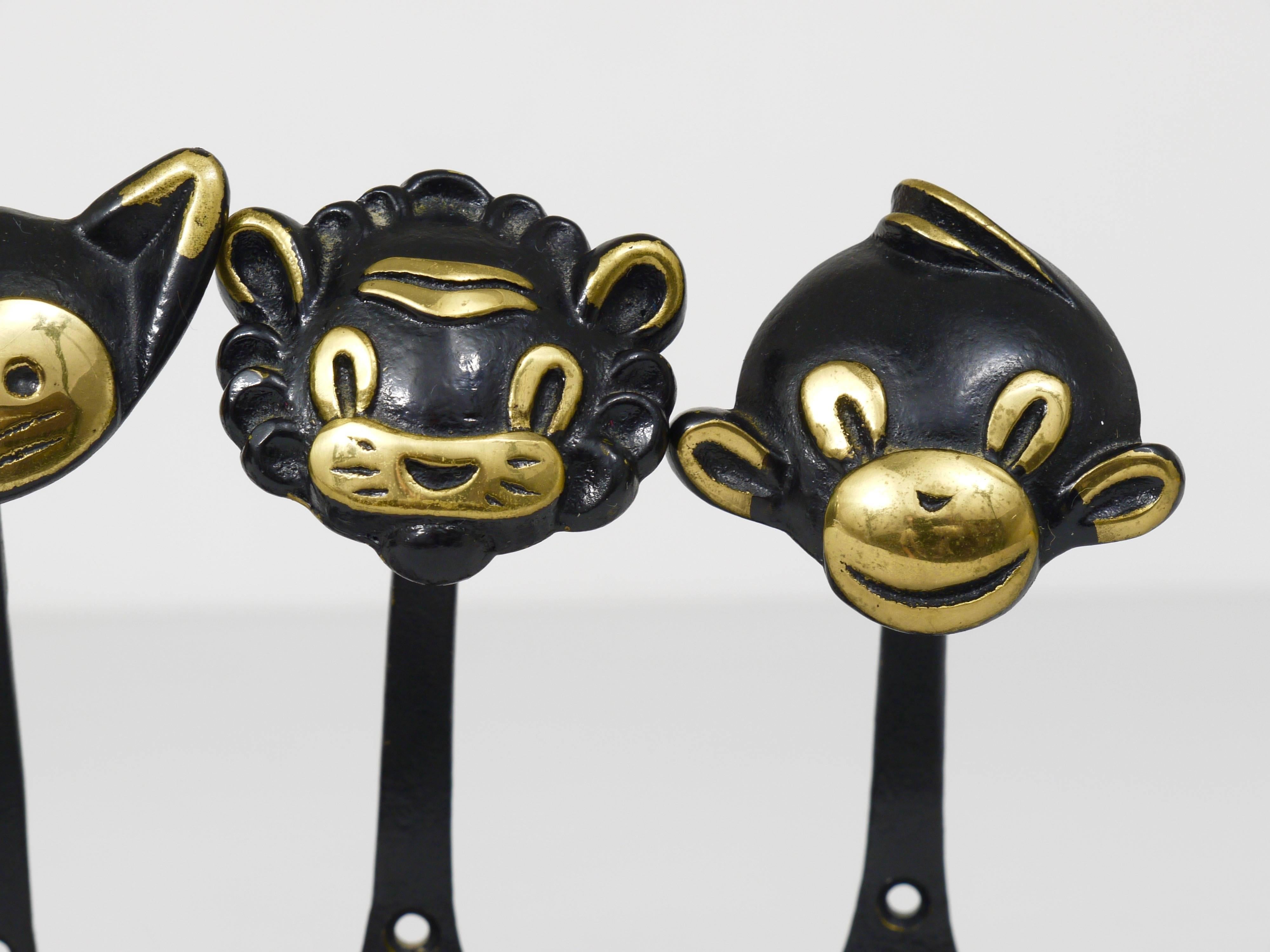 Five Walter Bosse Brass Wall Hooks of a Cow, Dog, Cat, Lion and Monkey, 1950s 1