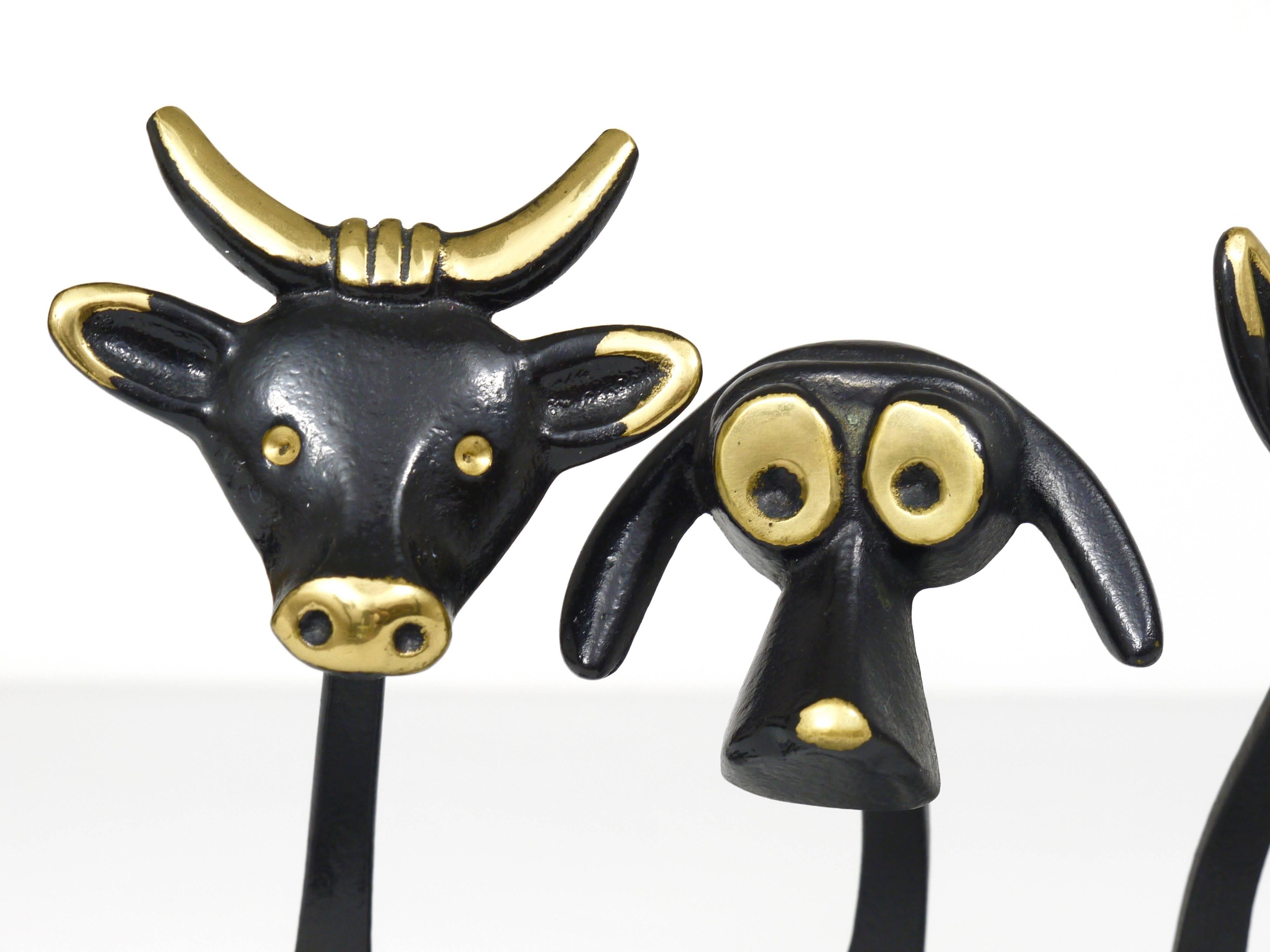 Five Walter Bosse Brass Wall Hooks of a Cow, Dog, Cat, Lion and Monkey, 1950s In Excellent Condition In Vienna, AT