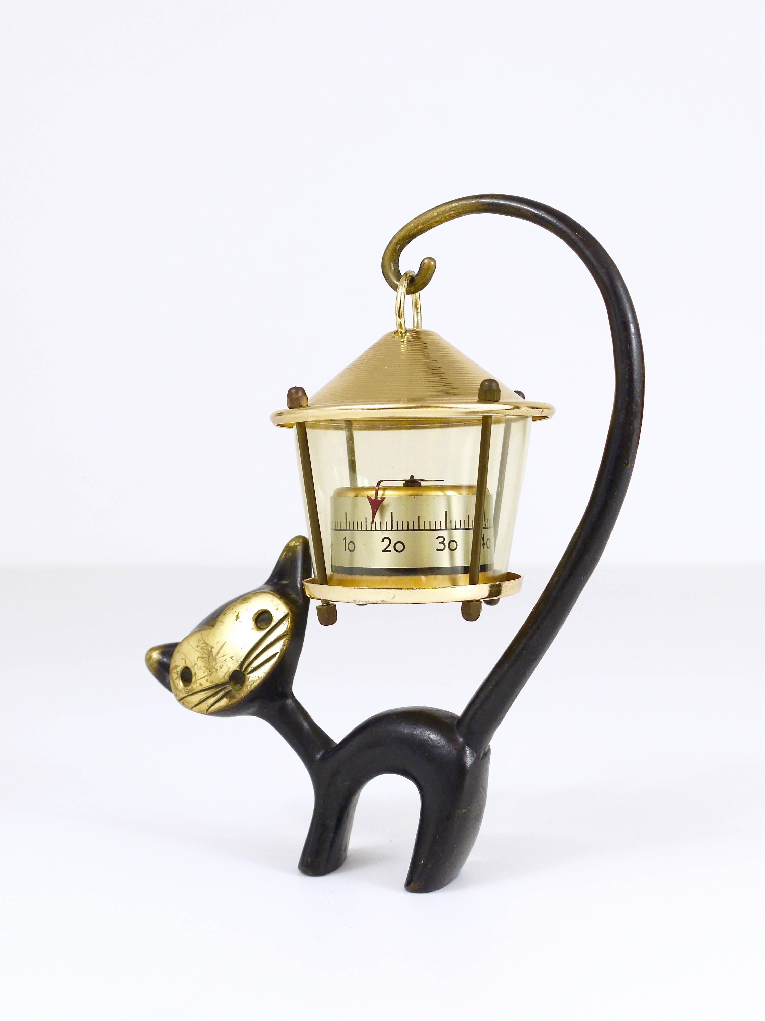Brass Walter Bosse Cat Figurine with Thermometer, Herta Baller Austria, 1950s For Sale