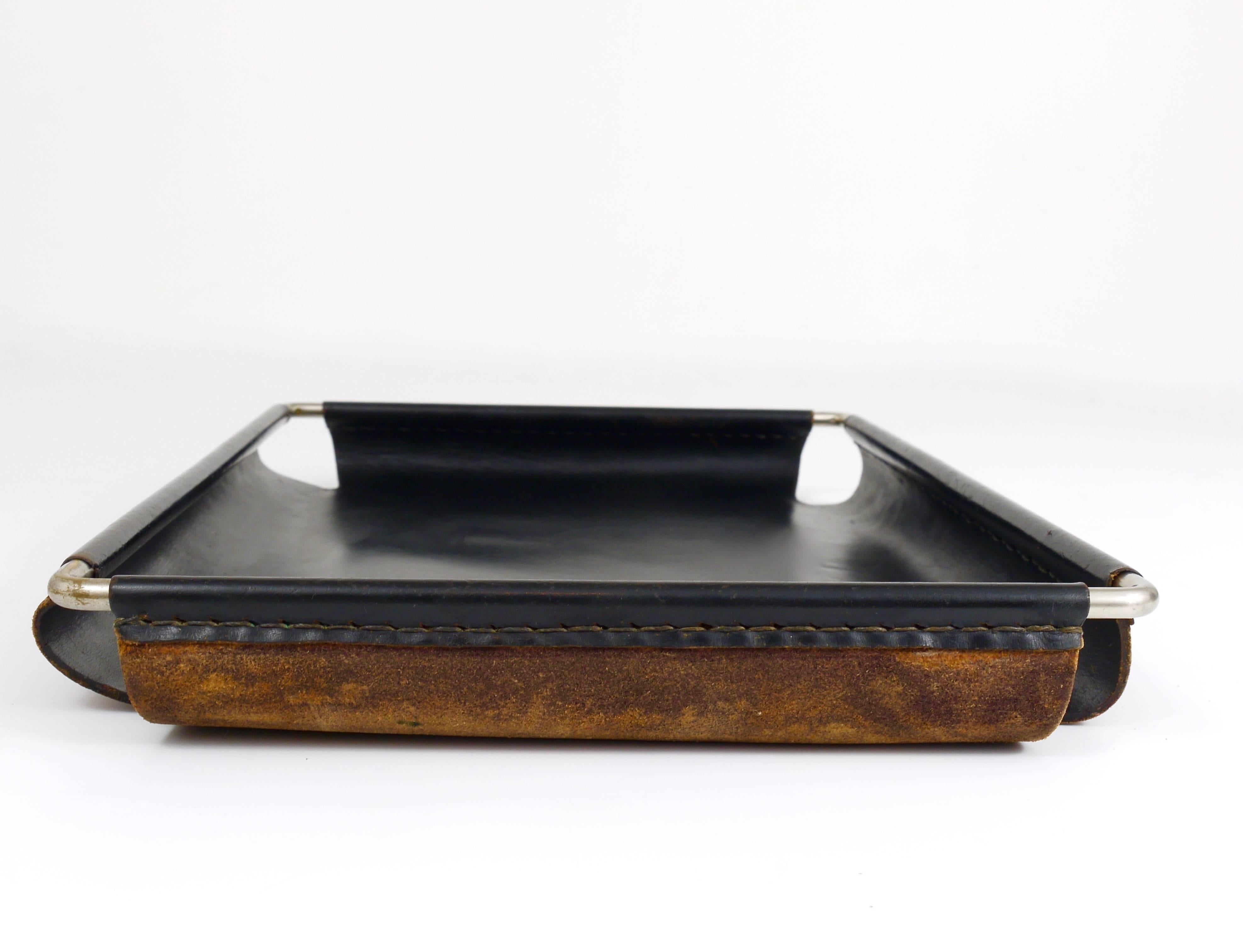 Austrian Carl Aubock Leather and Brass Square Letter Tray, 1940s, Austria