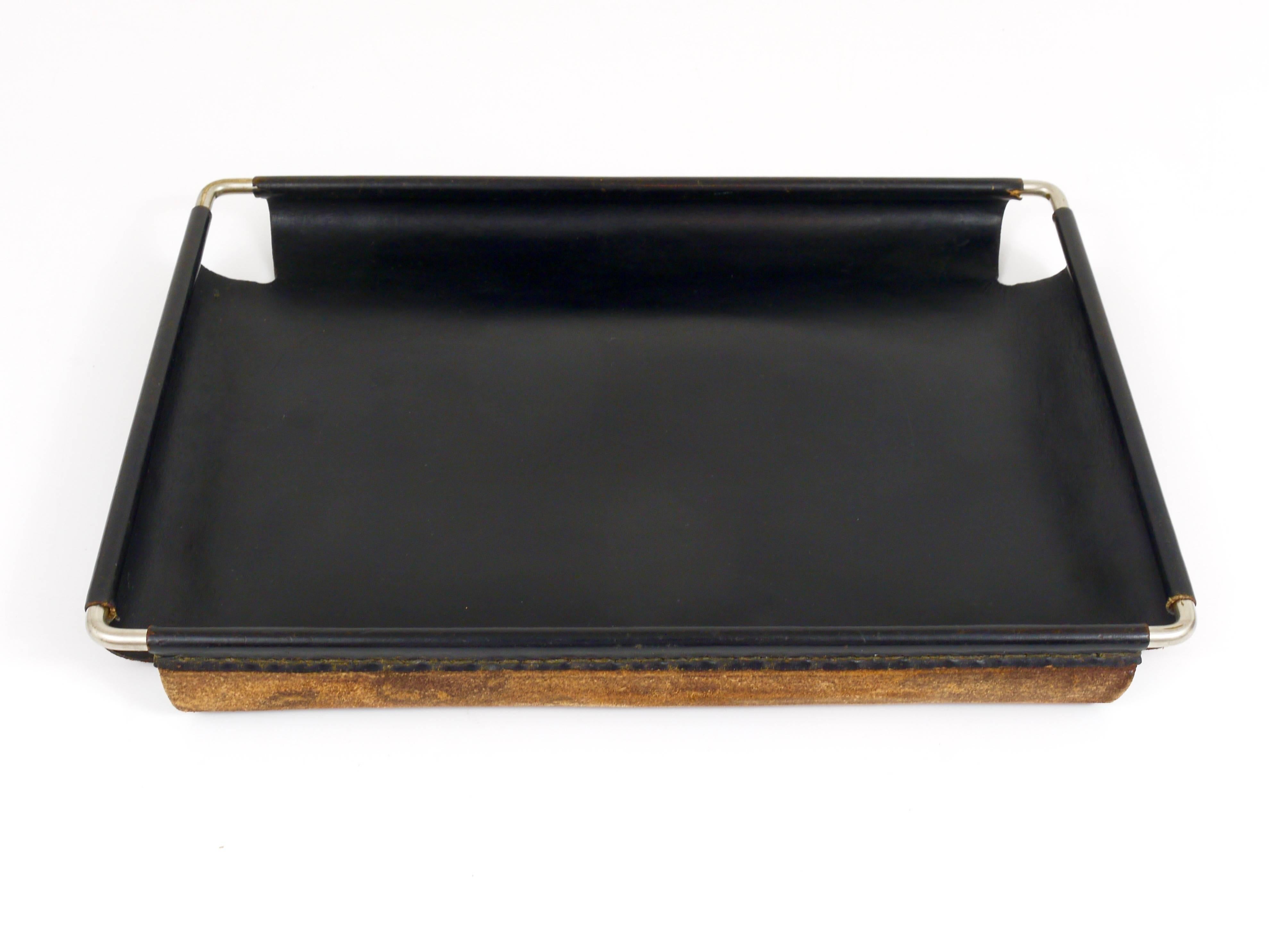 Carl Aubock Leather and Brass Square Letter Tray, 1940s, Austria 4