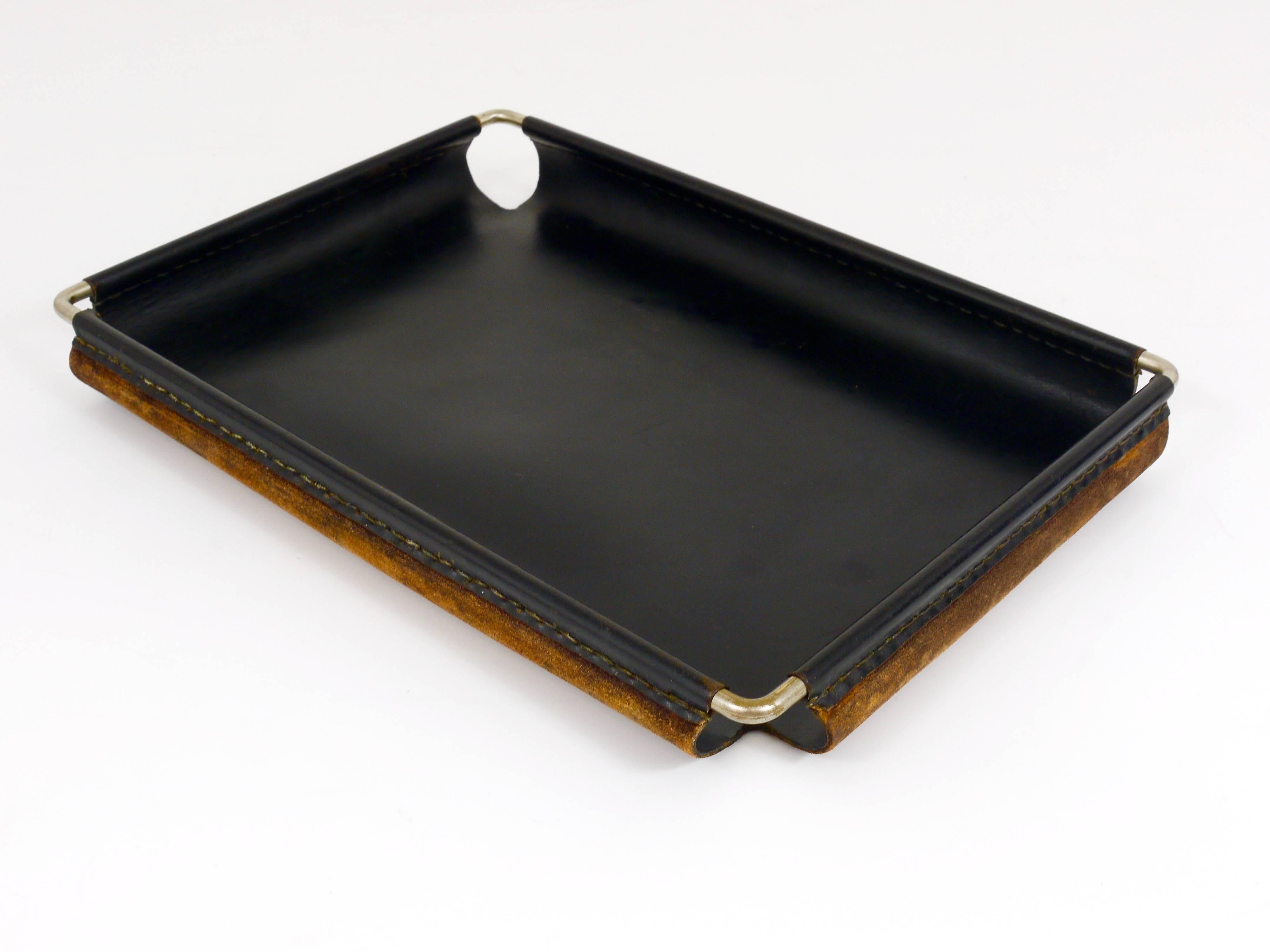 Carl Aubock Leather and Brass Square Letter Tray, 1940s, Austria In Good Condition In Vienna, AT