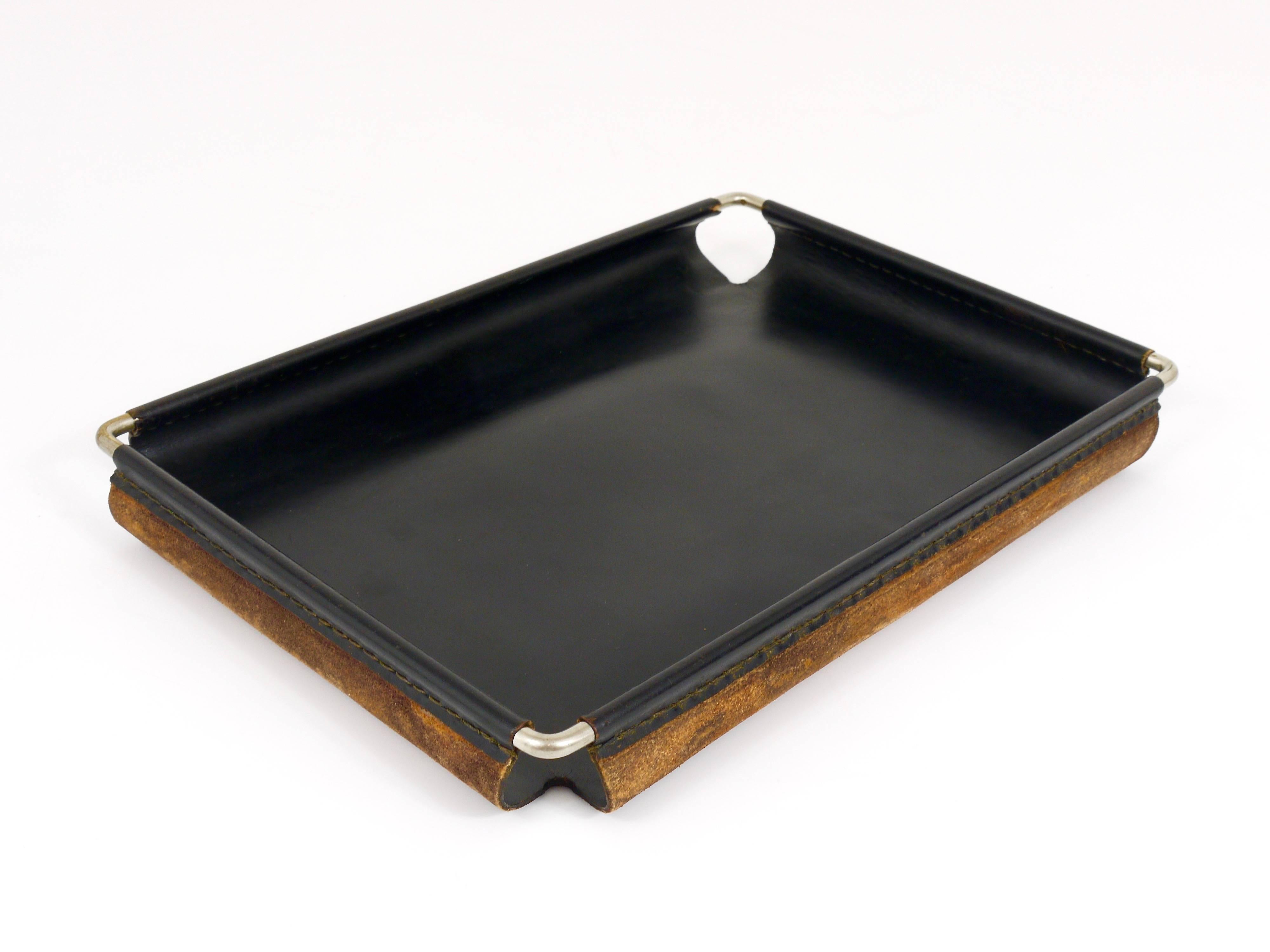 Carl Aubock Leather and Brass Square Letter Tray, 1940s, Austria 3