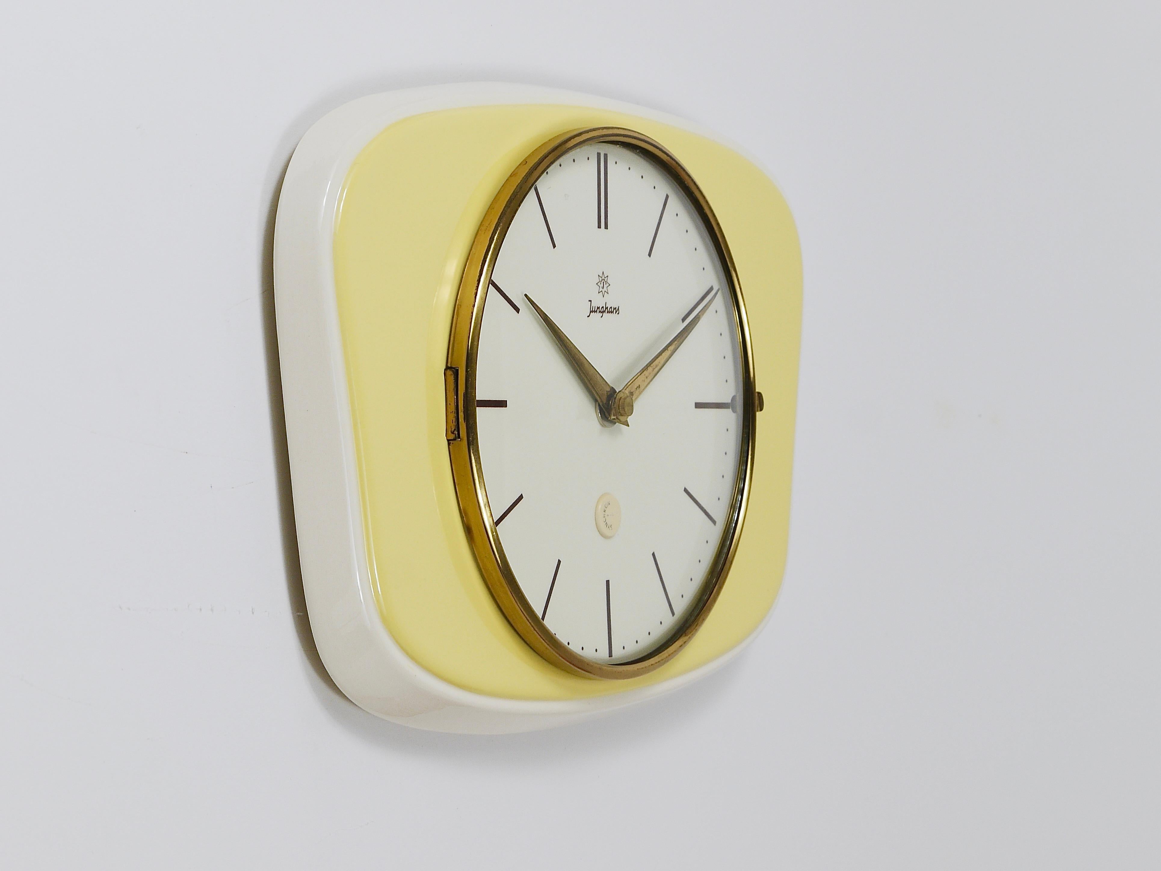 Junghans Pastel Yellow Max Bill Style Midcentury Wall Clock, Germany, 1950s For Sale 1