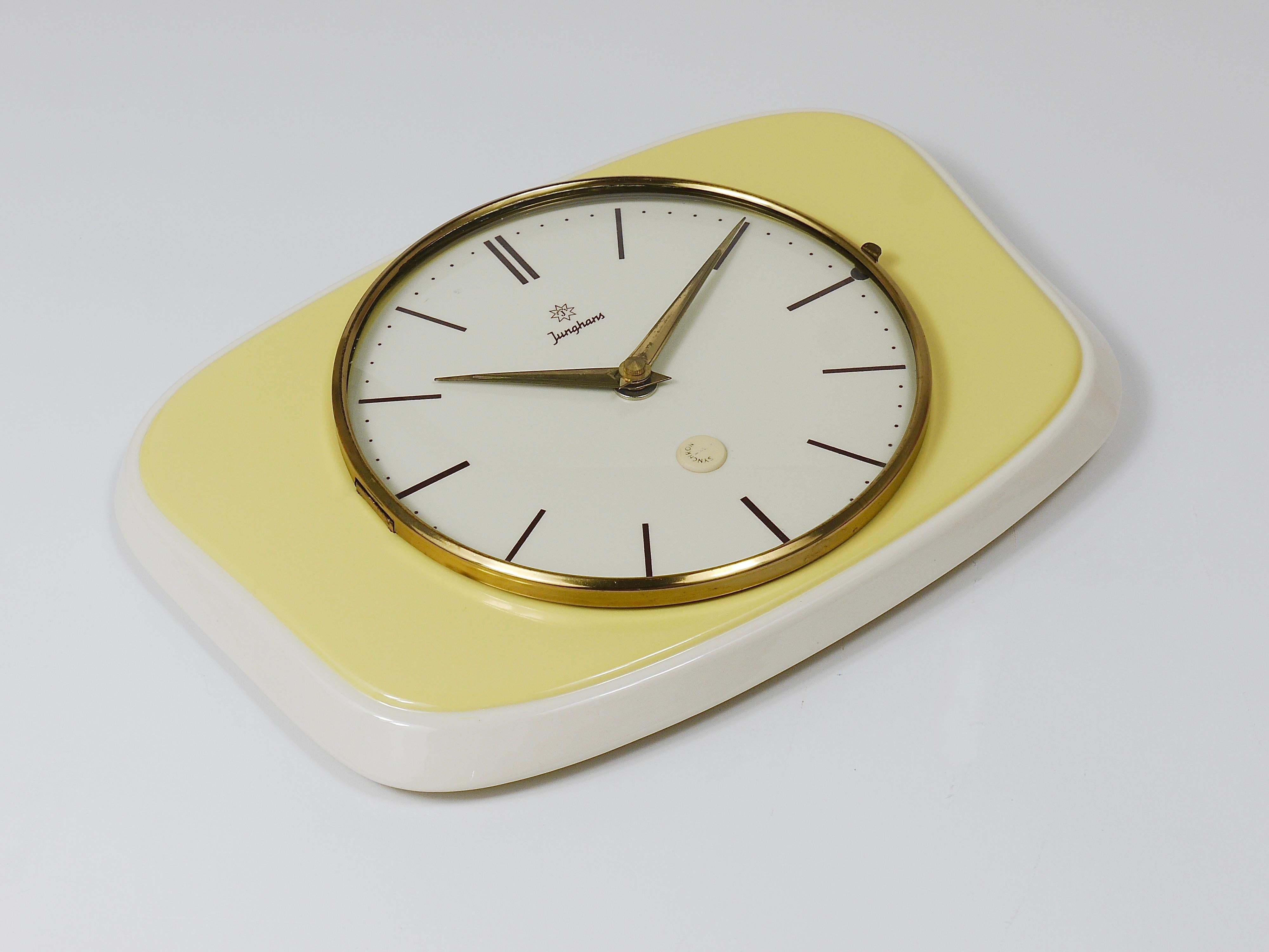 20th Century Junghans Pastel Yellow Max Bill Style Midcentury Wall Clock, Germany, 1950s For Sale