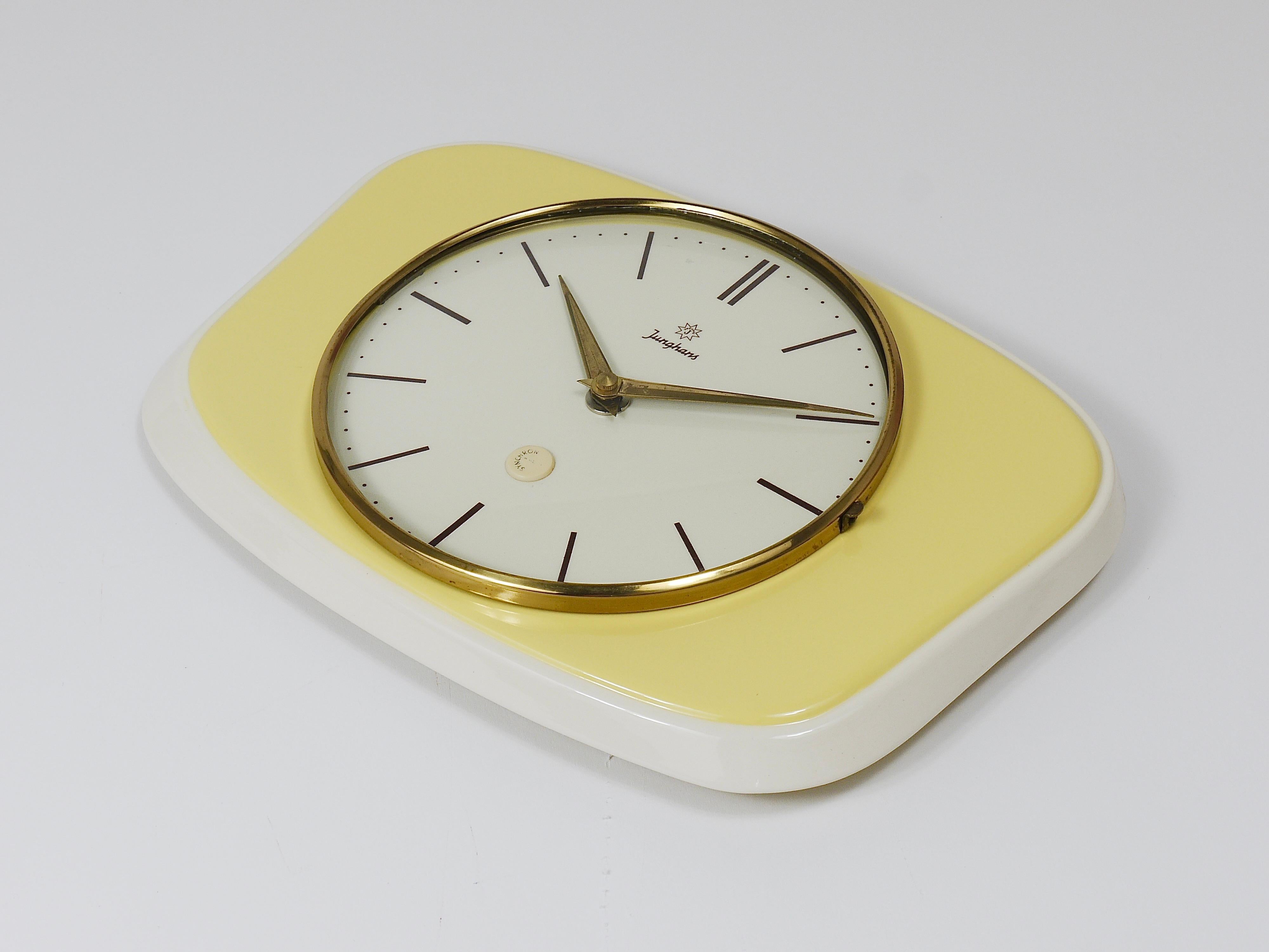 Mid-Century Modern Junghans Pastel Yellow Max Bill Style Midcentury Wall Clock, Germany, 1950s For Sale