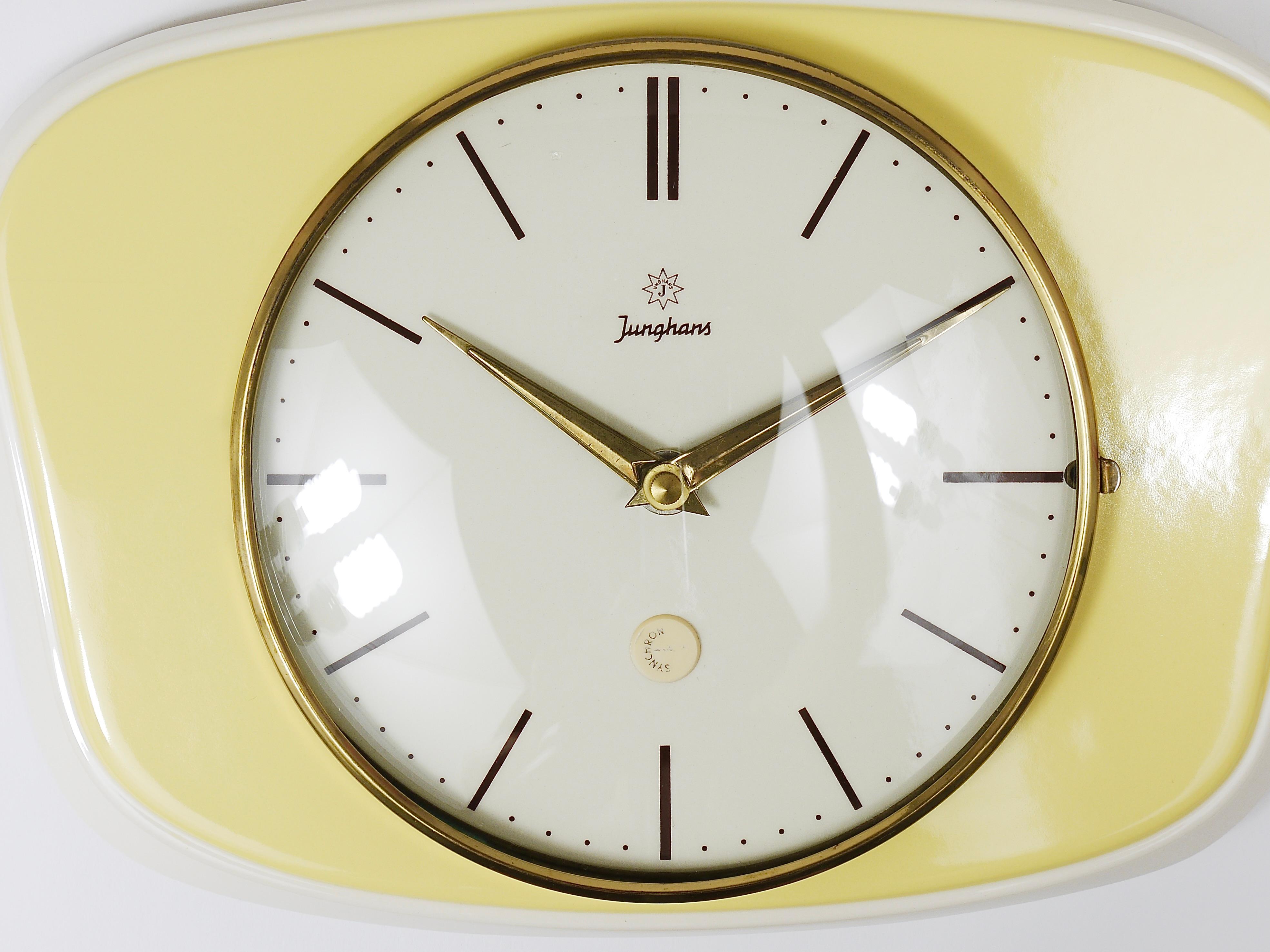 Brass Junghans Pastel Yellow Max Bill Style Midcentury Wall Clock, Germany, 1950s For Sale