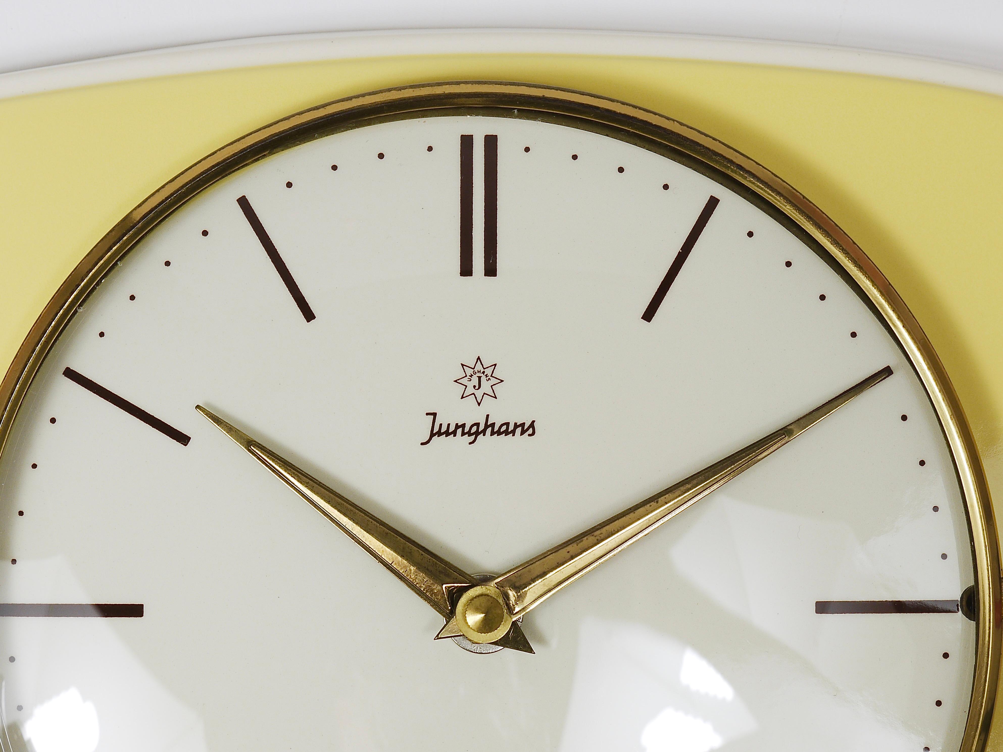 Glazed Junghans Pastel Yellow Max Bill Style Midcentury Wall Clock, Germany, 1950s For Sale