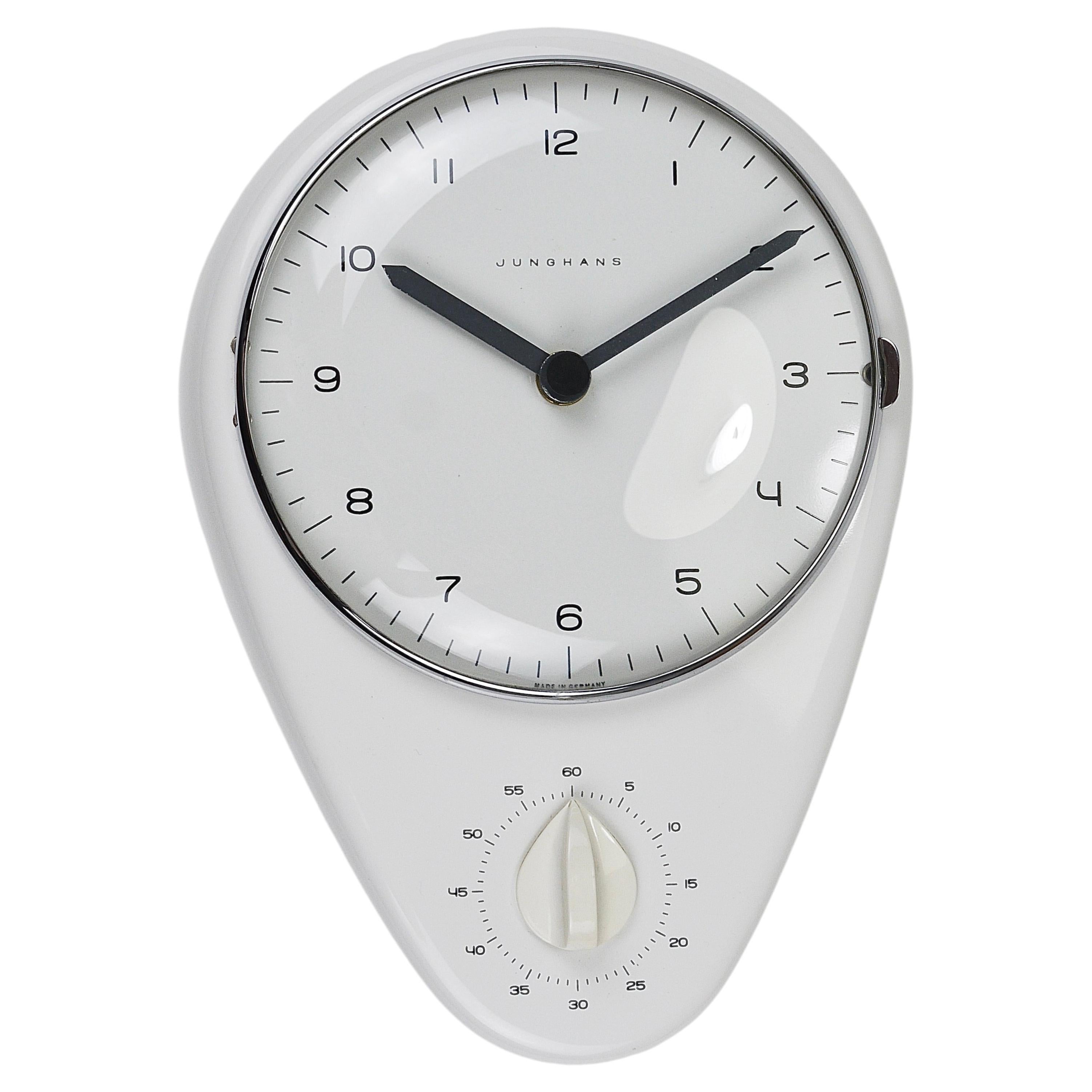 Max Bill White Wall Clock & Timer Mid-Century Modern, Junghans Germany, 1950s For Sale