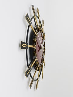 Large Mid-Century Junghans Sunburst Brutalist Brass Wall Clock, Germany, 1950s