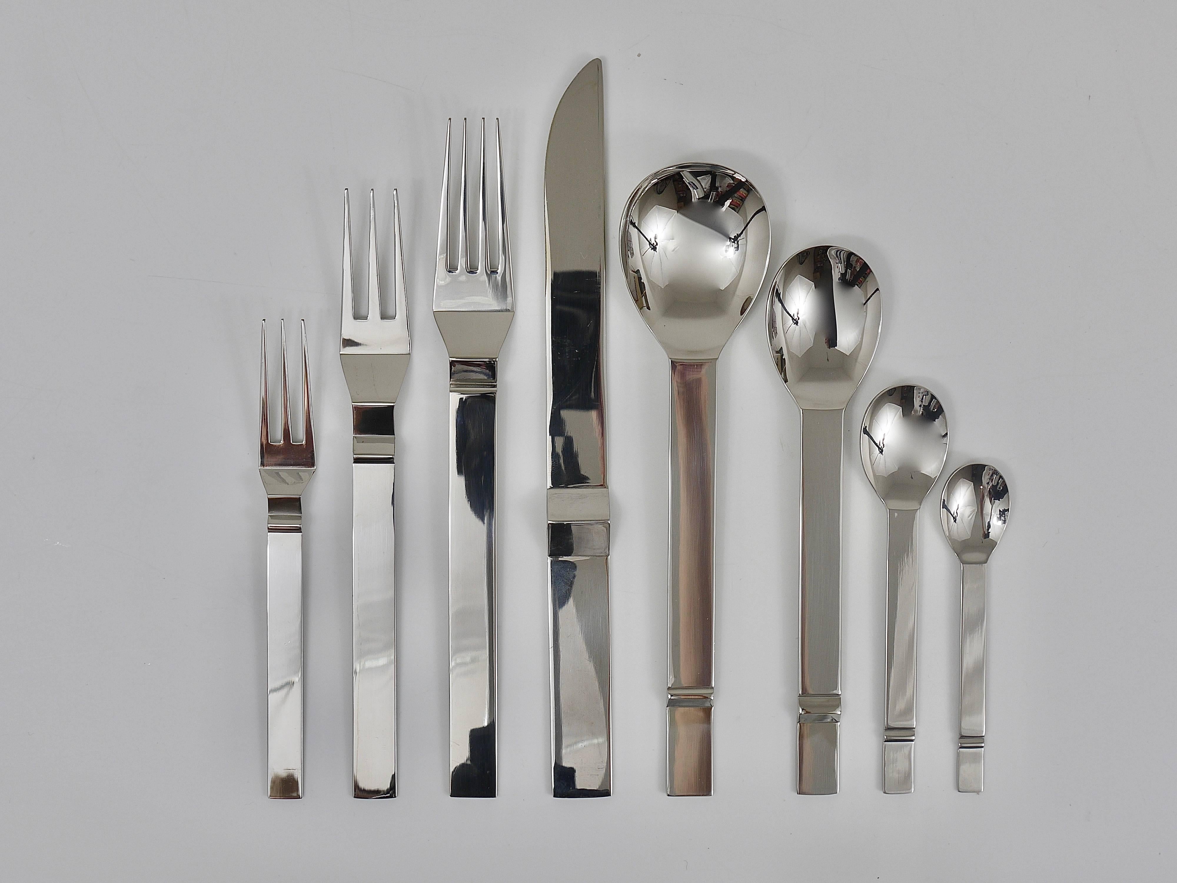 A comprehensive set of flatware, designed in the 1990s by Bob Patino (1942 - 1998) for Berndorf Austria. Beautiful and hard-to-find cutlery made of chrome-plated stainless steel discontinued. We offer two identical sets for six persons each. Each