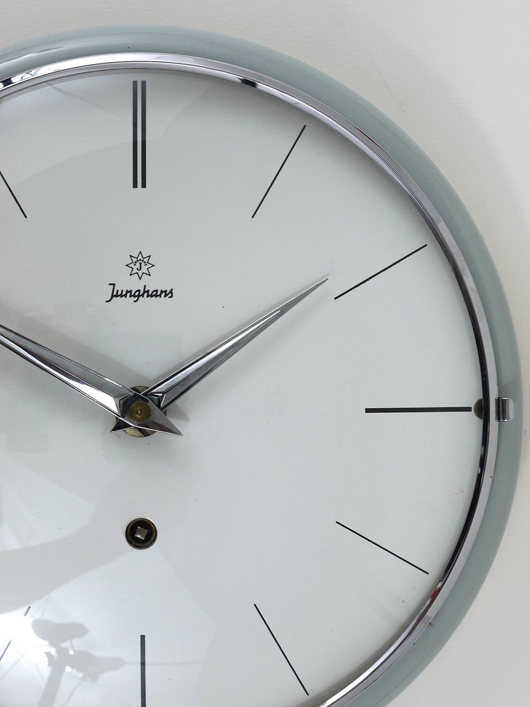 Grey Round Junghans Midcentury Wall Clock, Germany, 1950s For Sale at