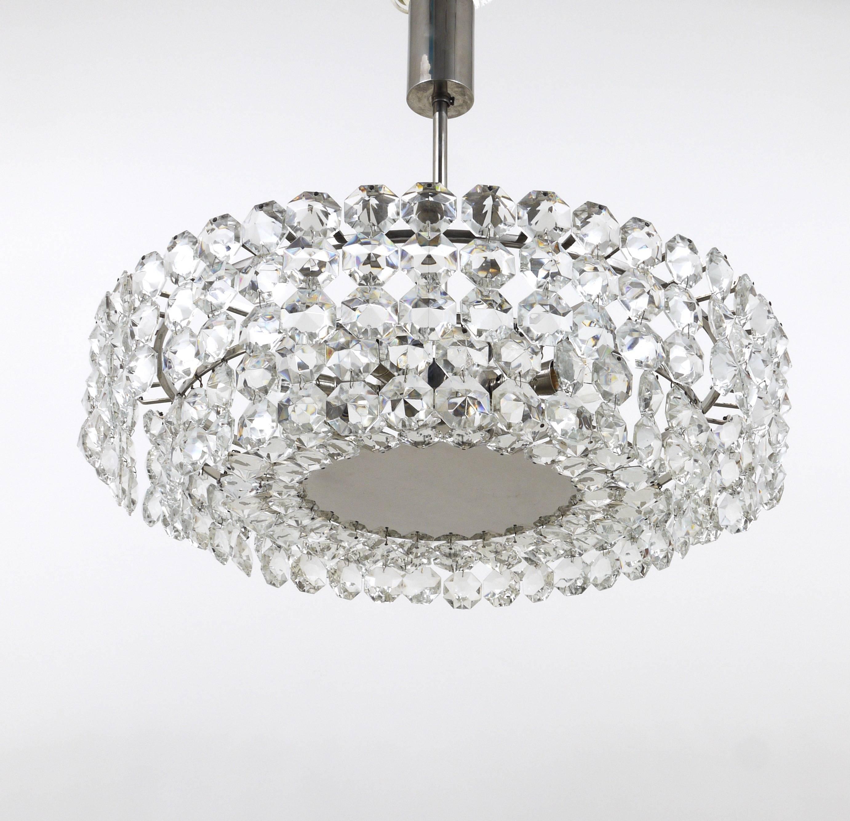 Brass Large Bakalowits Nickel Chandelier with Diamond-Shaped Crystals, Austria, 1960s For Sale