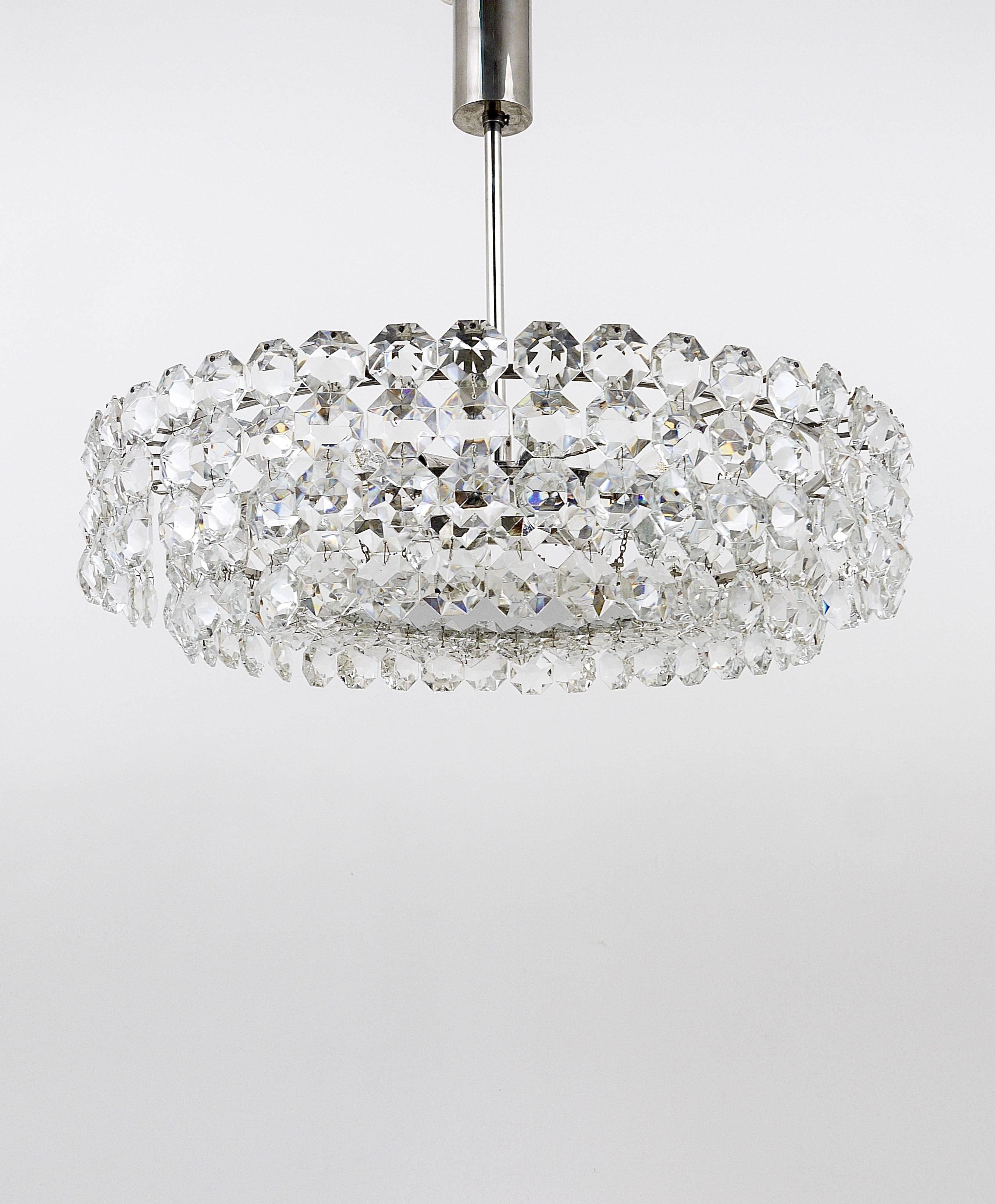 Faceted Large Bakalowits Nickel Chandelier with Diamond-Shaped Crystals, Austria, 1960s For Sale