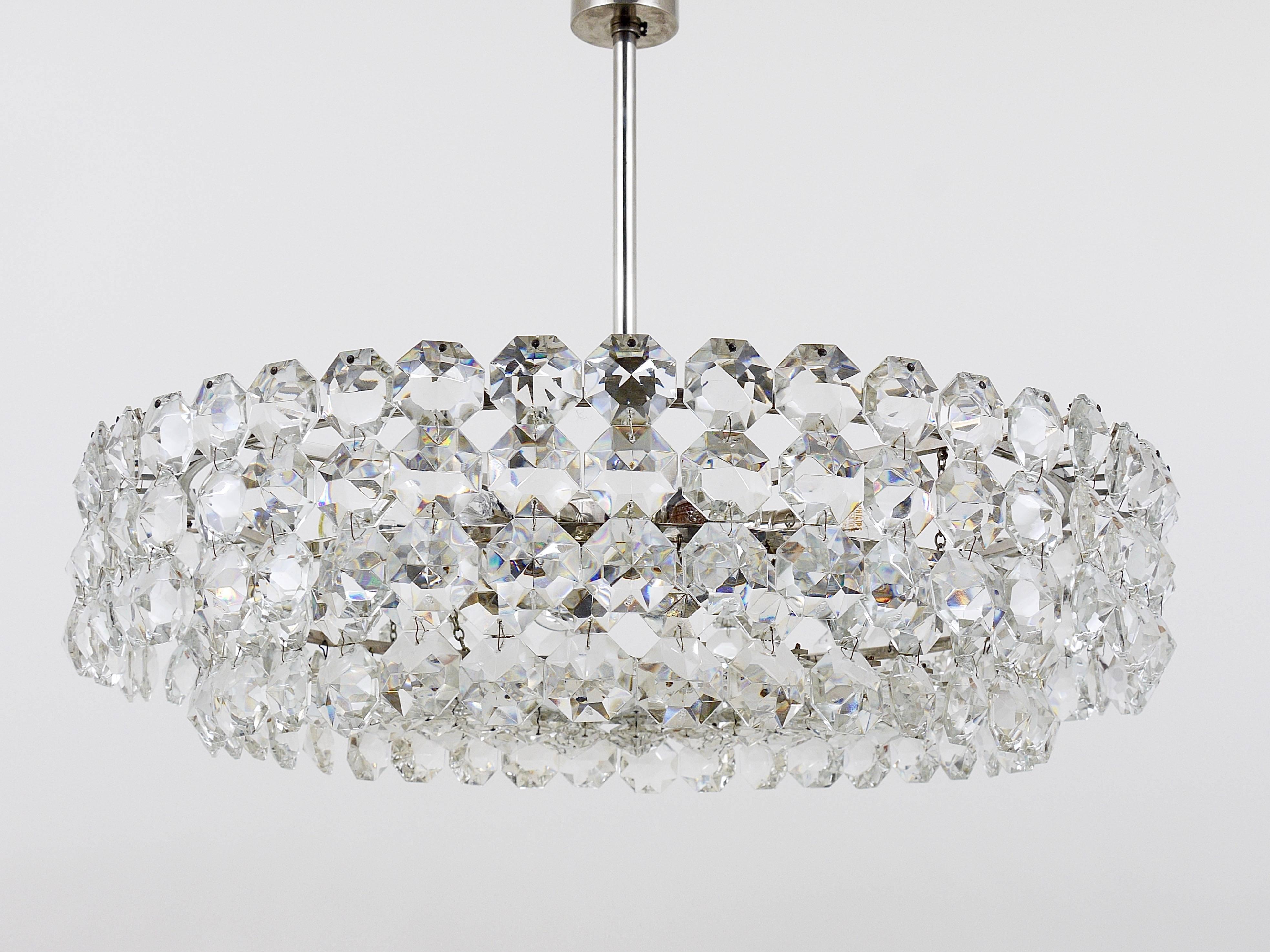 Austrian Large Bakalowits Nickel Chandelier with Diamond-Shaped Crystals, Austria, 1960s For Sale