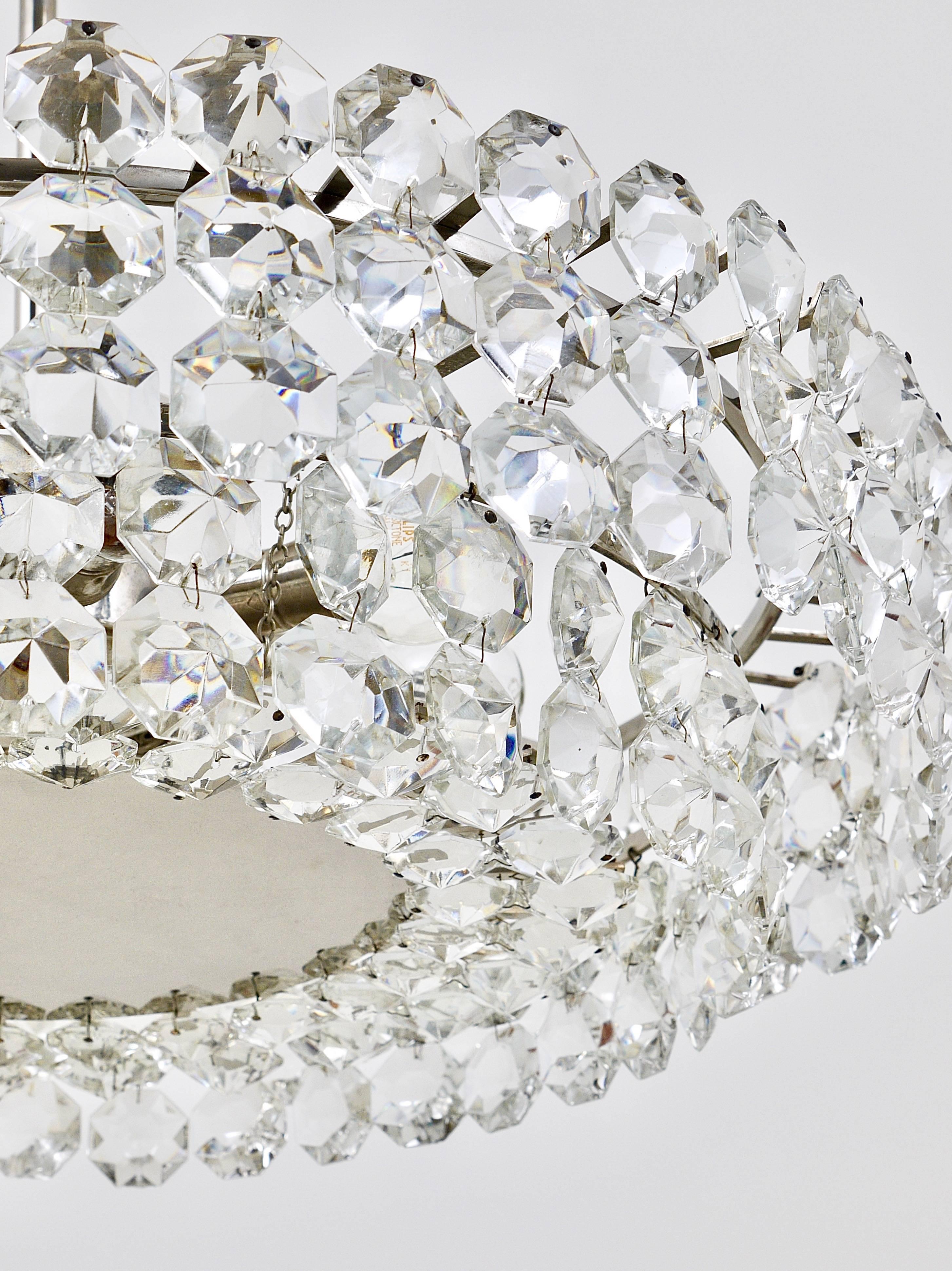 Large Bakalowits Nickel Chandelier with Diamond-Shaped Crystals, Austria, 1960s For Sale 1