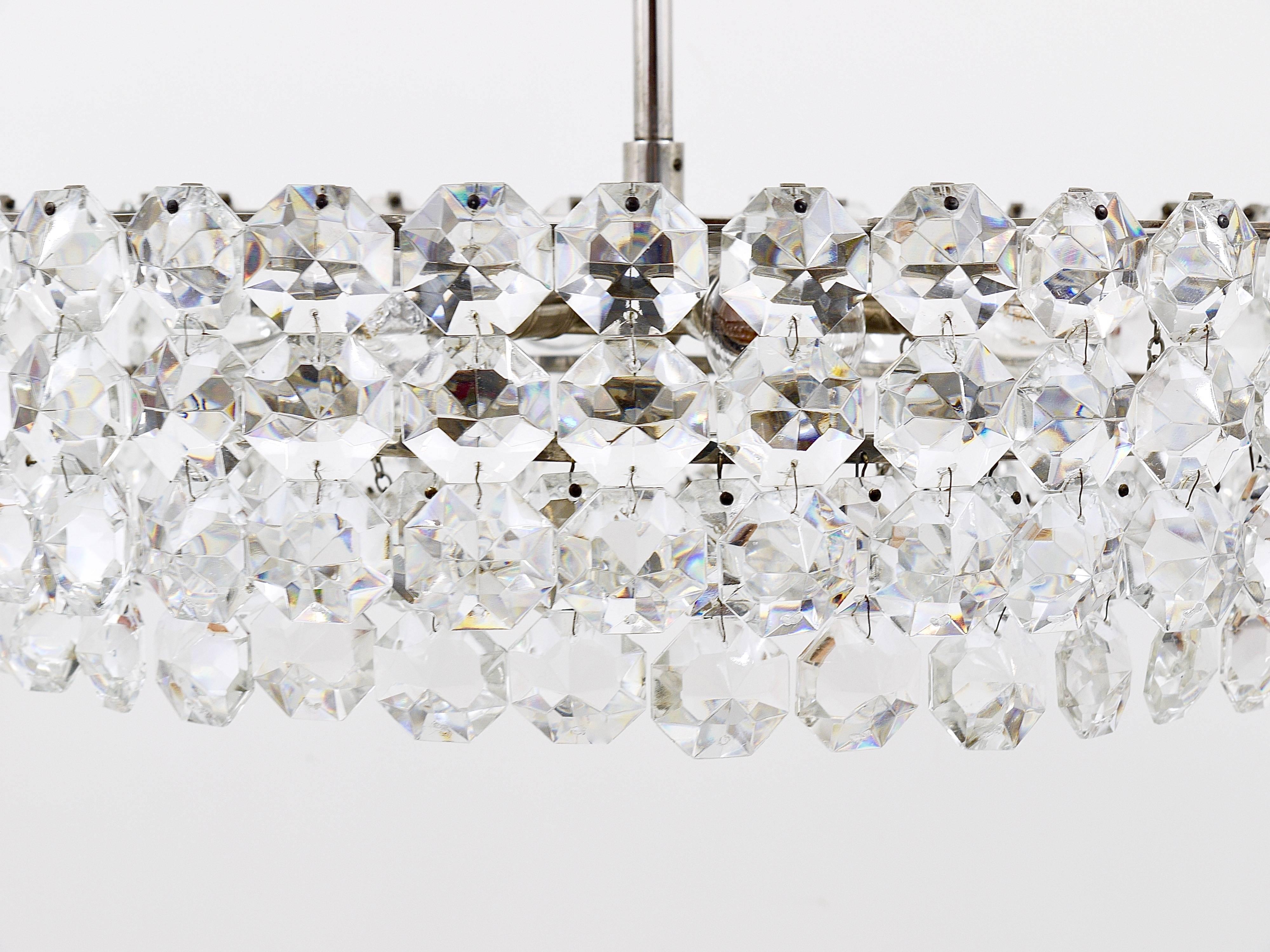 Mid-Century Modern Large Bakalowits Nickel Chandelier with Diamond-Shaped Crystals, Austria, 1960s For Sale