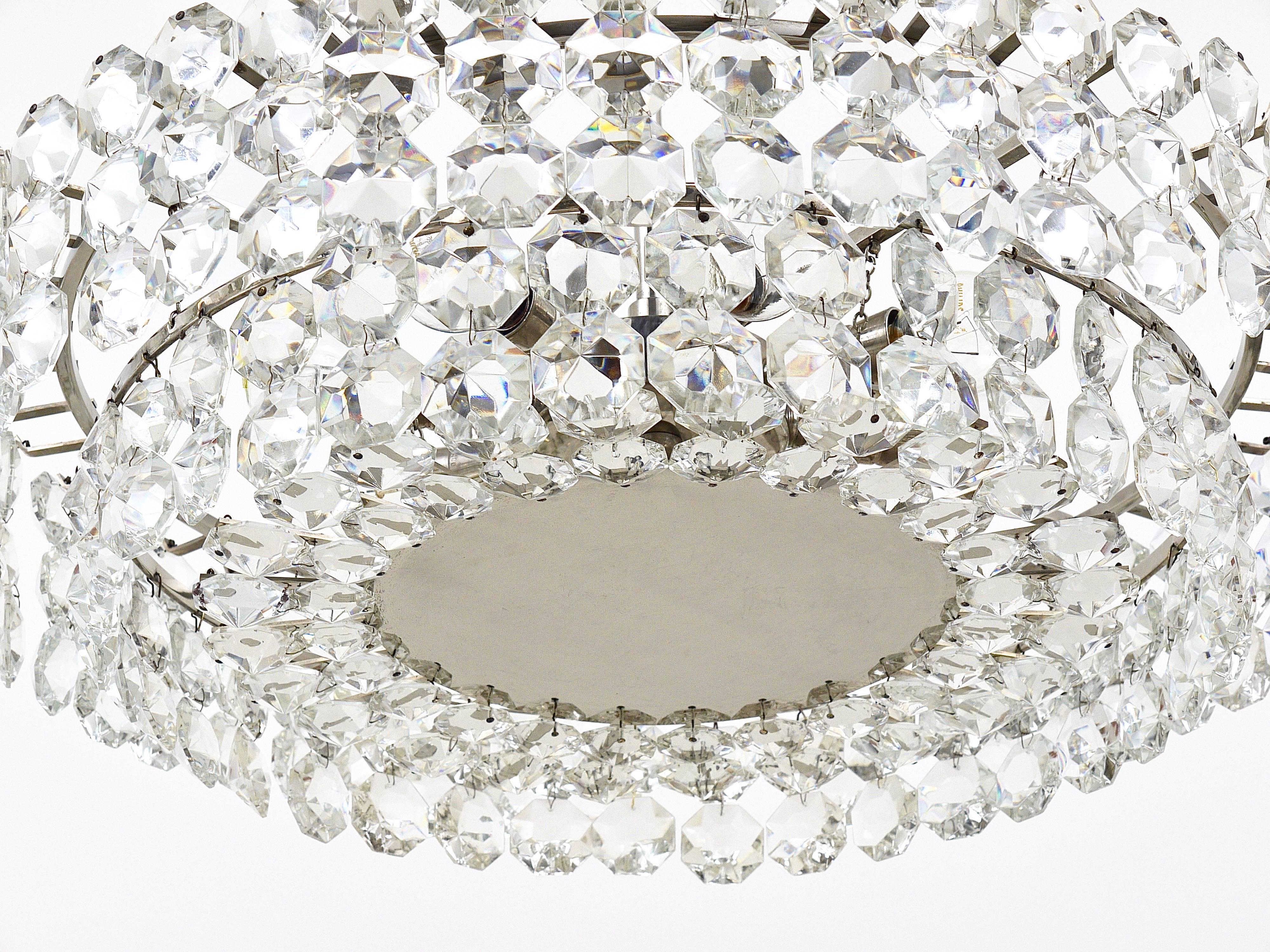 20th Century Large Bakalowits Nickel Chandelier with Diamond-Shaped Crystals, Austria, 1960s For Sale