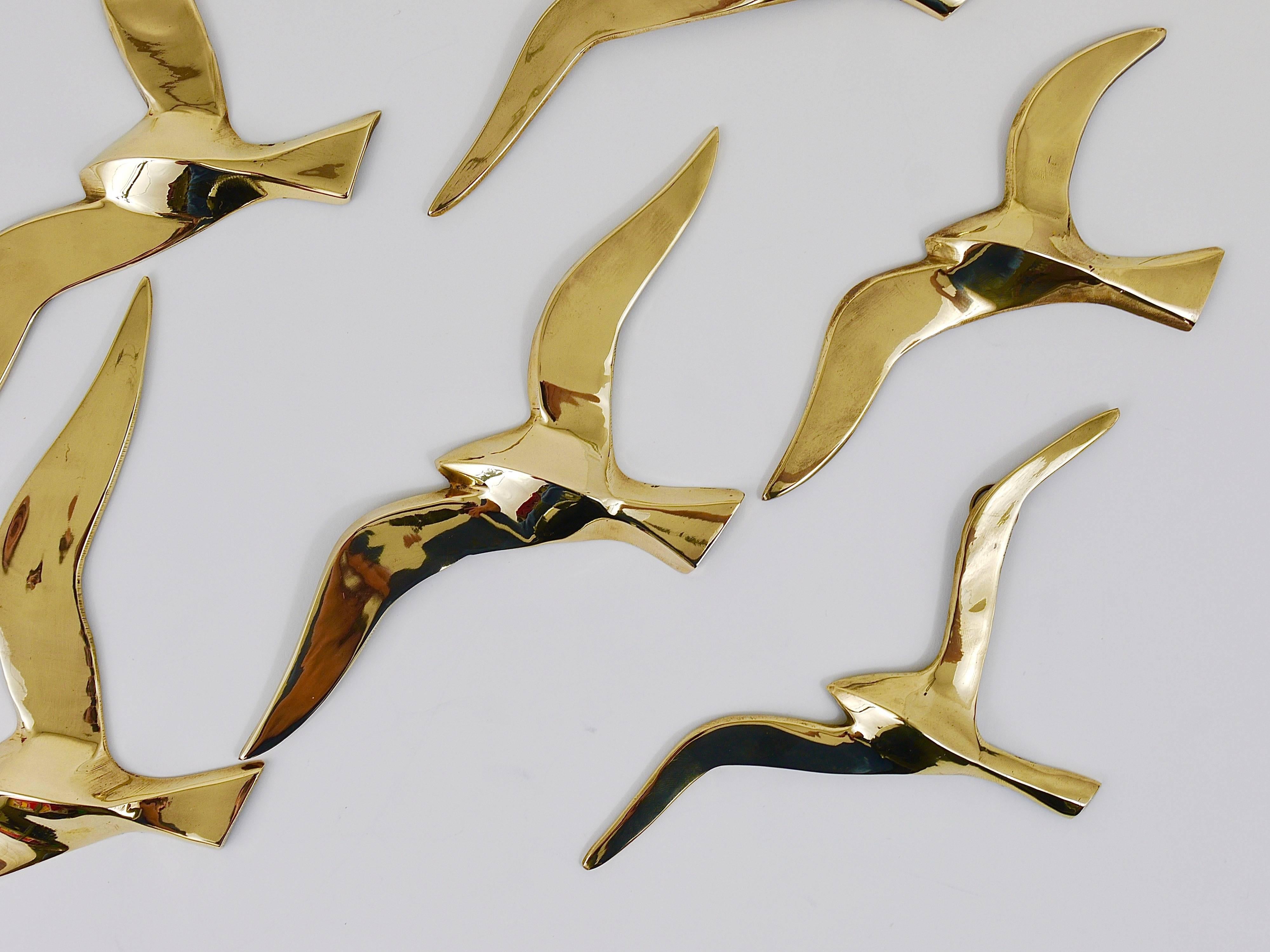 Mid-Century Modern Six Wall-Mounted Midcentury Seagull Bird Brass Sculptures, Austria, 1950s