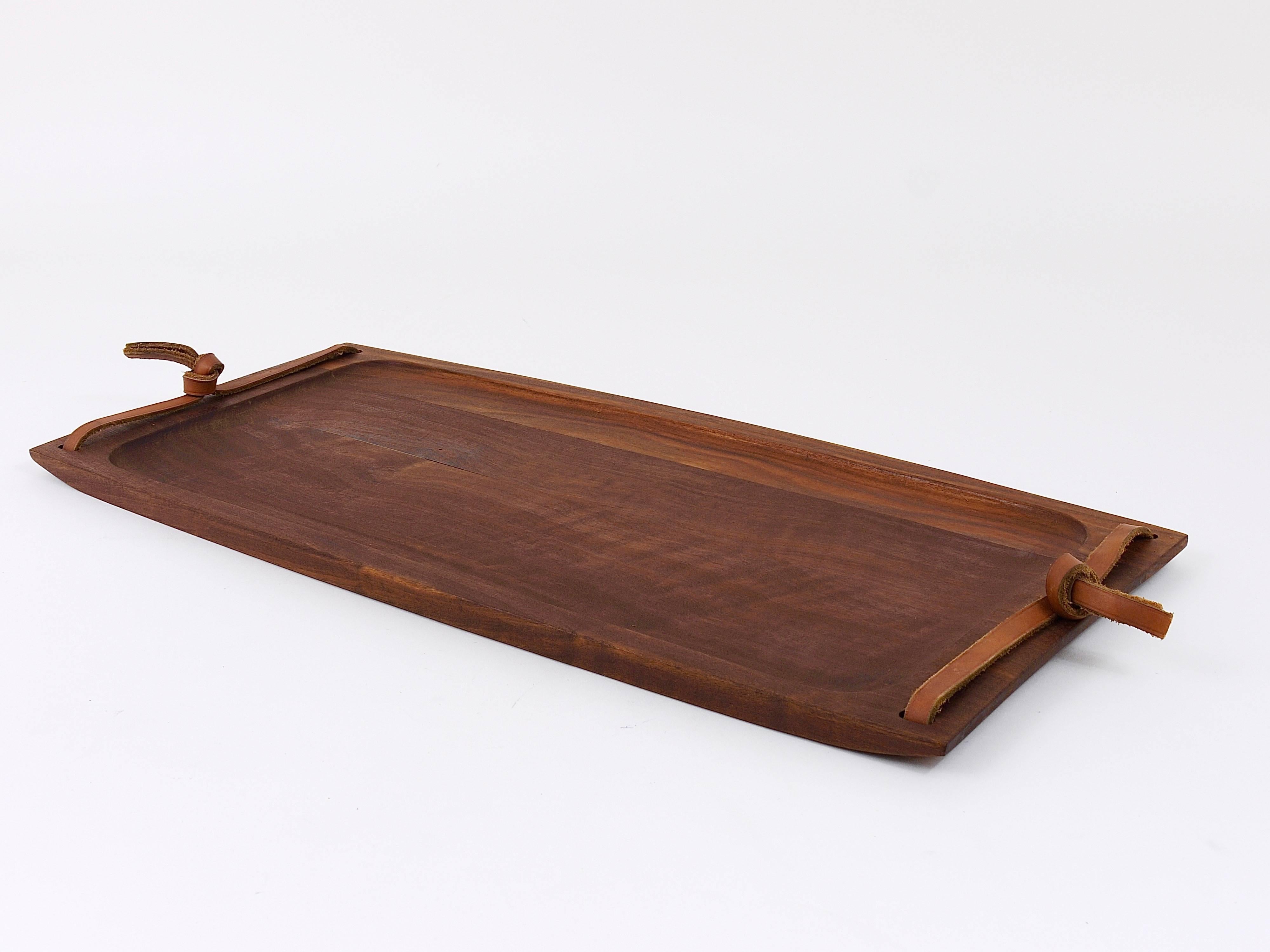 Mid-Century Modern Large Carl Aubock Walnut and Leather Midcentury Serving Tray, Austria, 1950s