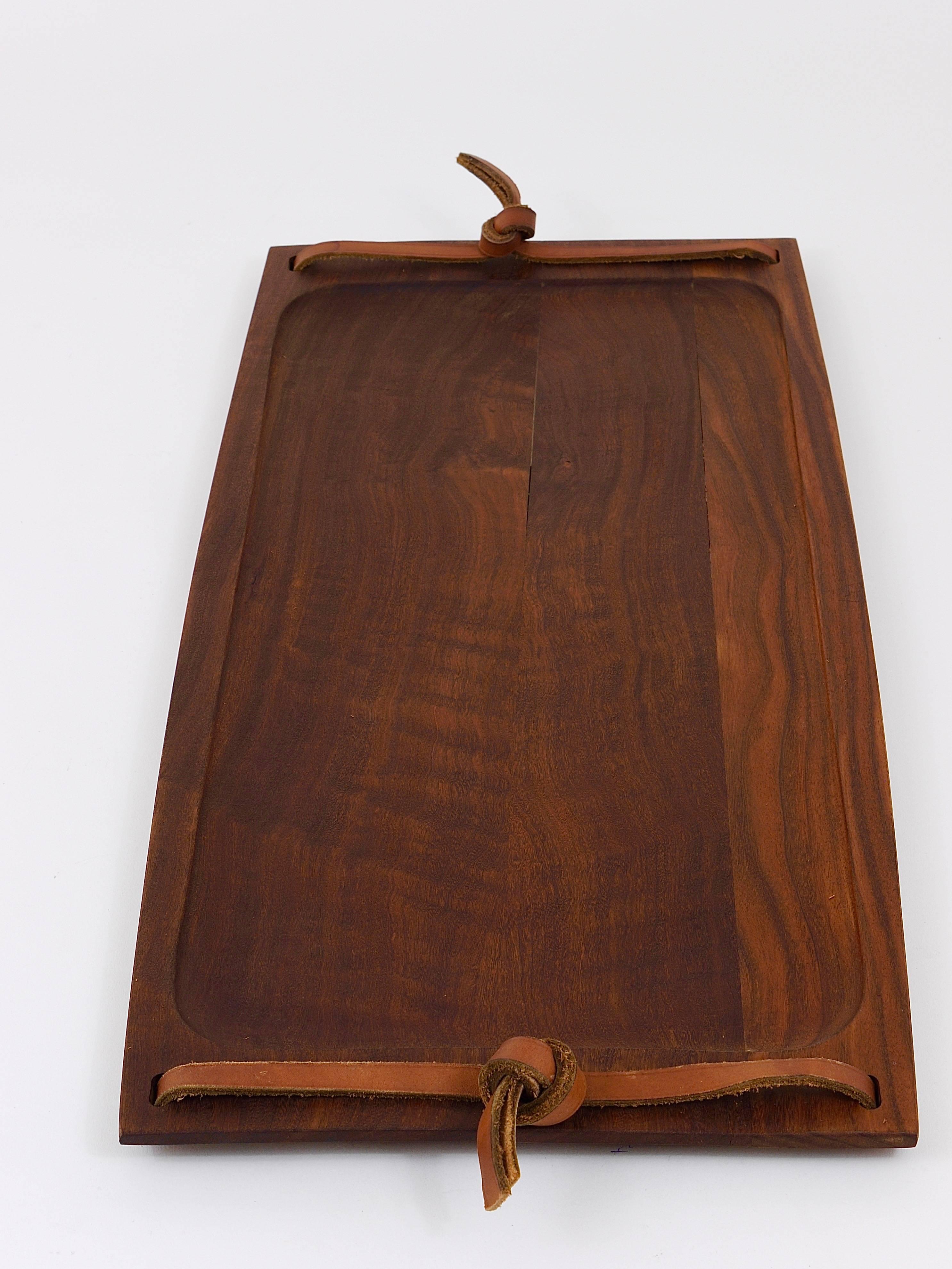 Brass Large Carl Aubock Walnut and Leather Midcentury Serving Tray, Austria, 1950s