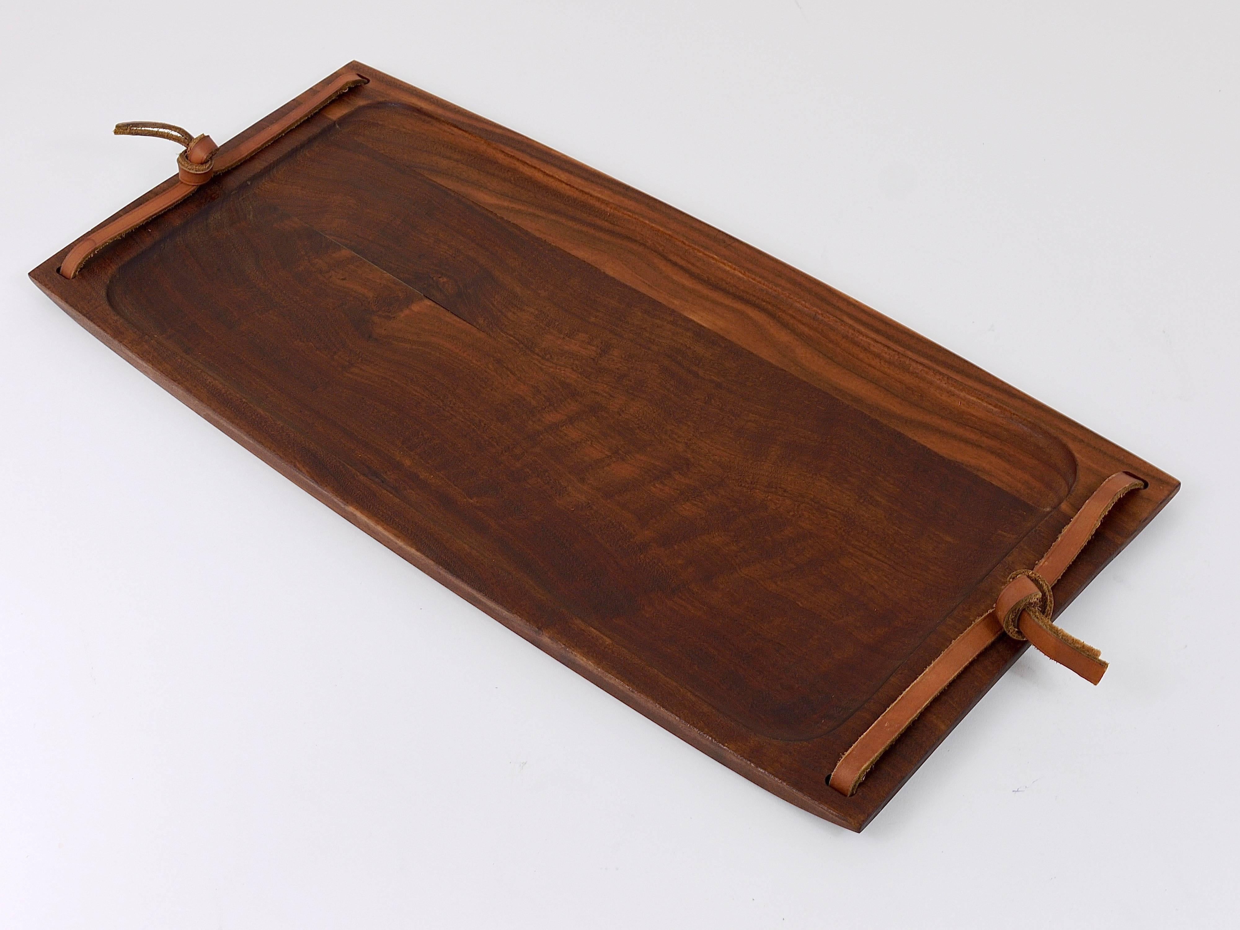 20th Century Large Carl Aubock Walnut and Leather Midcentury Serving Tray, Austria, 1950s
