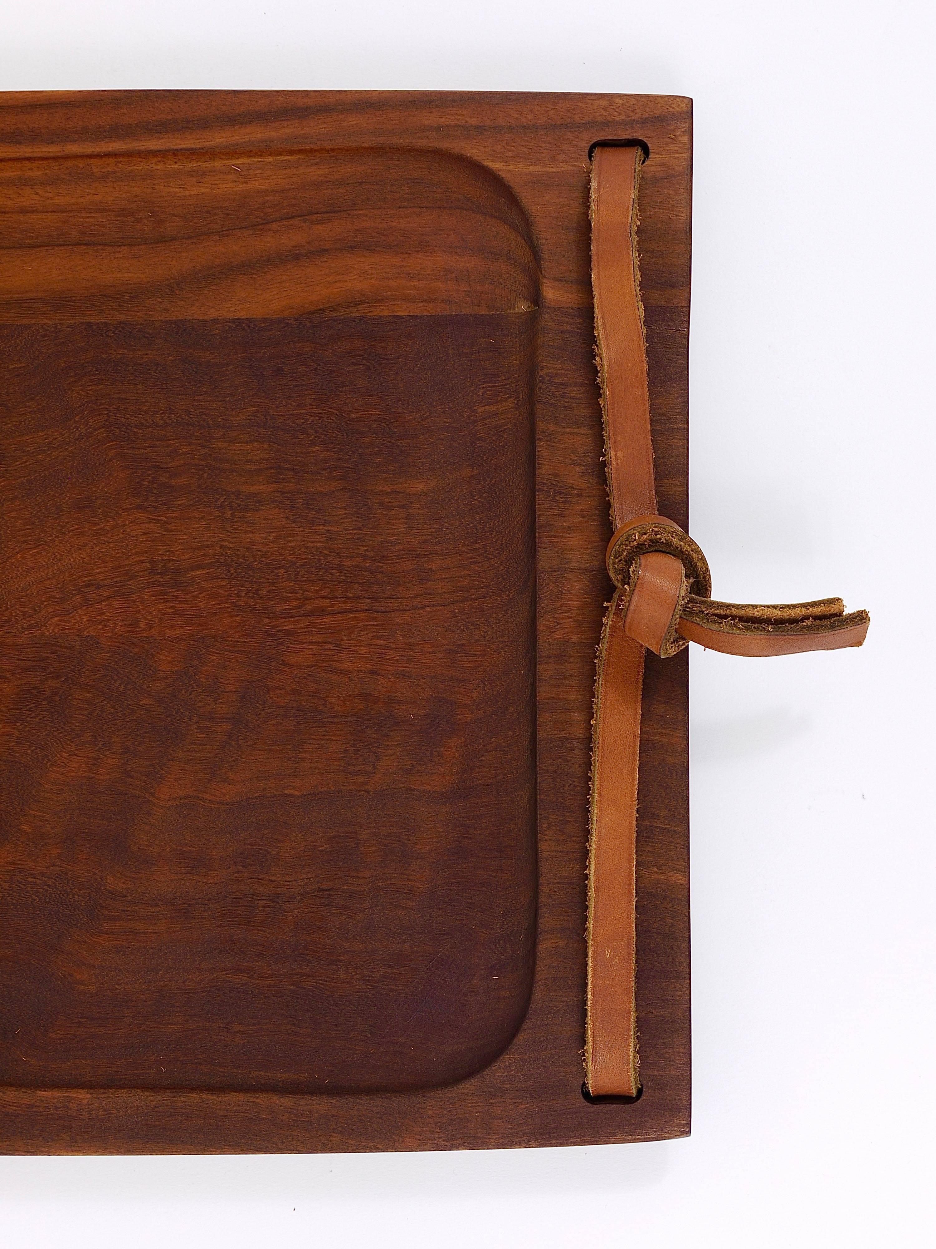 Austrian Large Carl Aubock Walnut and Leather Midcentury Serving Tray, Austria, 1950s
