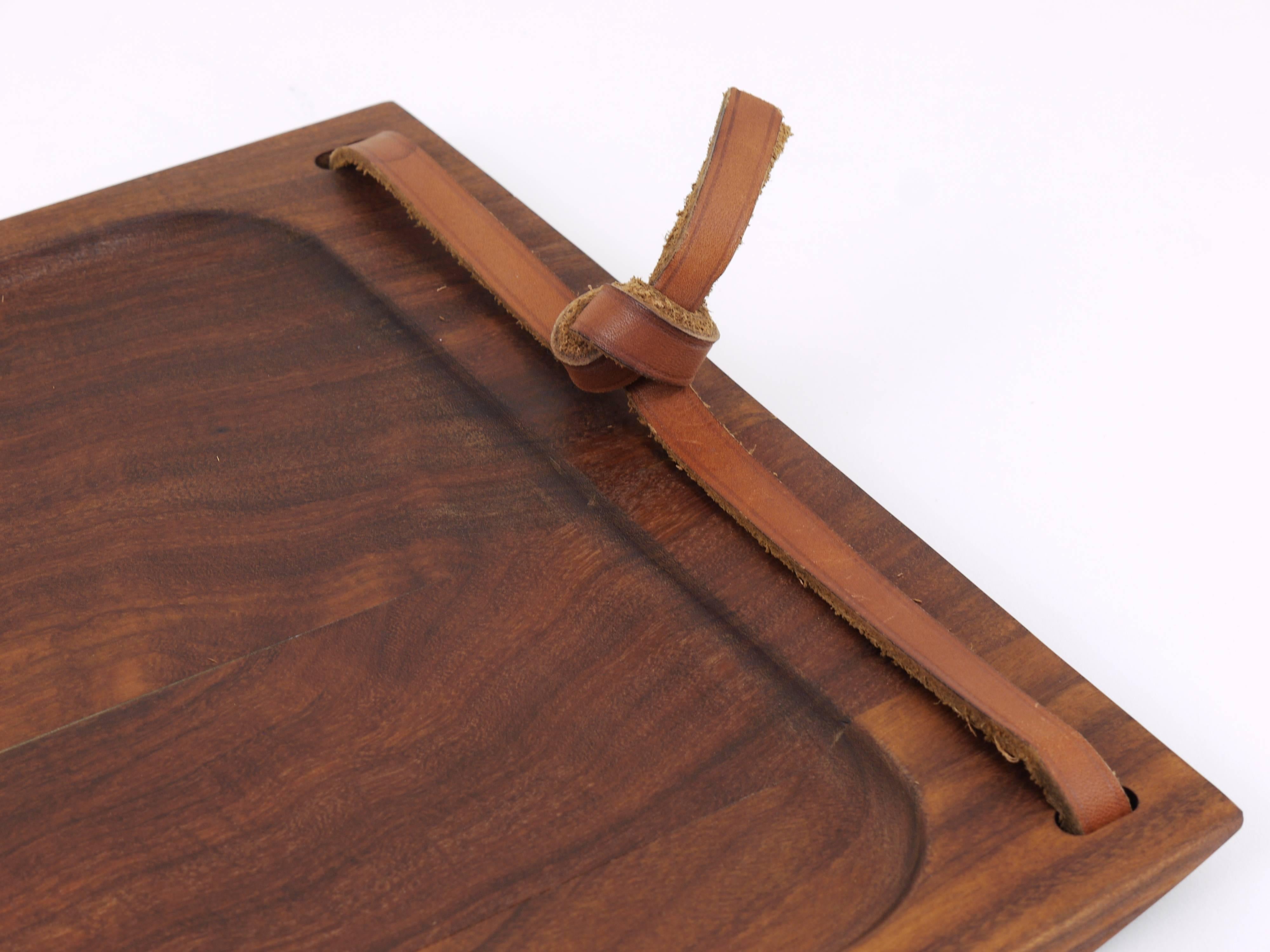 Large Carl Aubock Walnut and Leather Midcentury Serving Tray, Austria, 1950s 1
