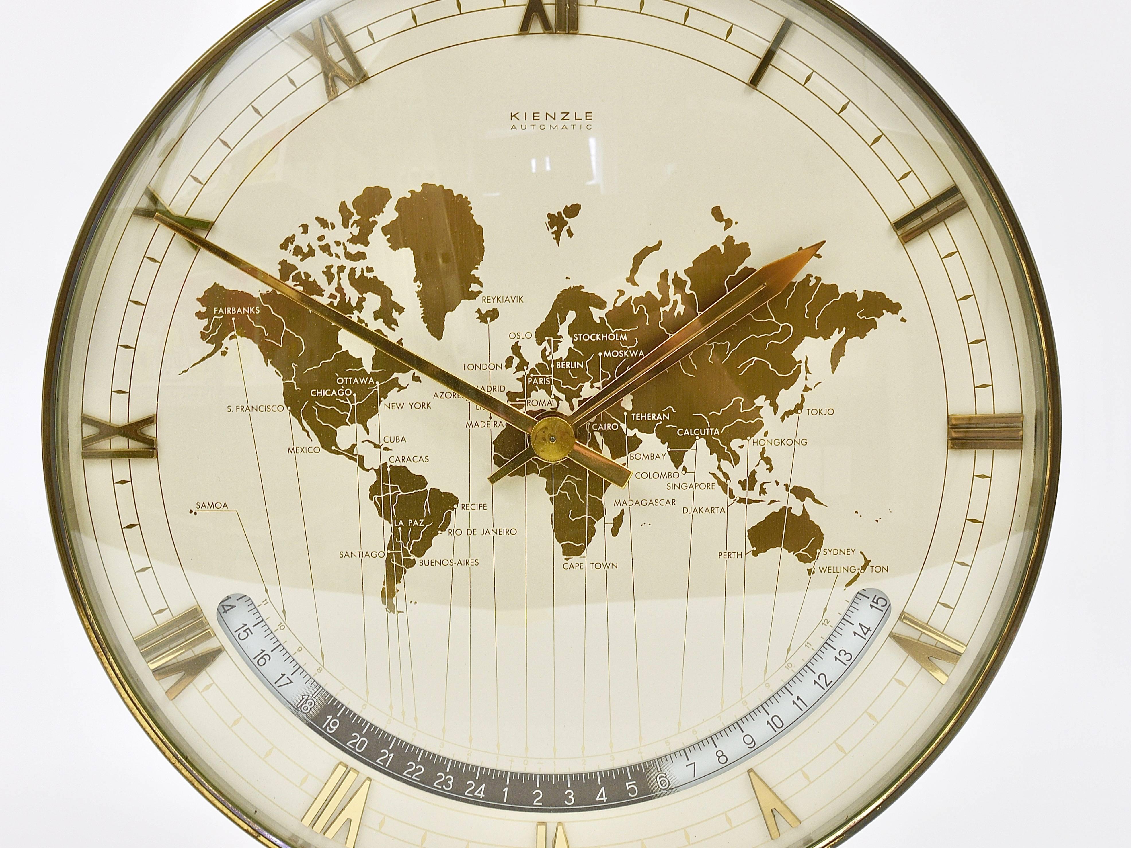 Large Midcentury Kienzle GMT World Time Zone Brass Table Clock, Germany, 1950s 1