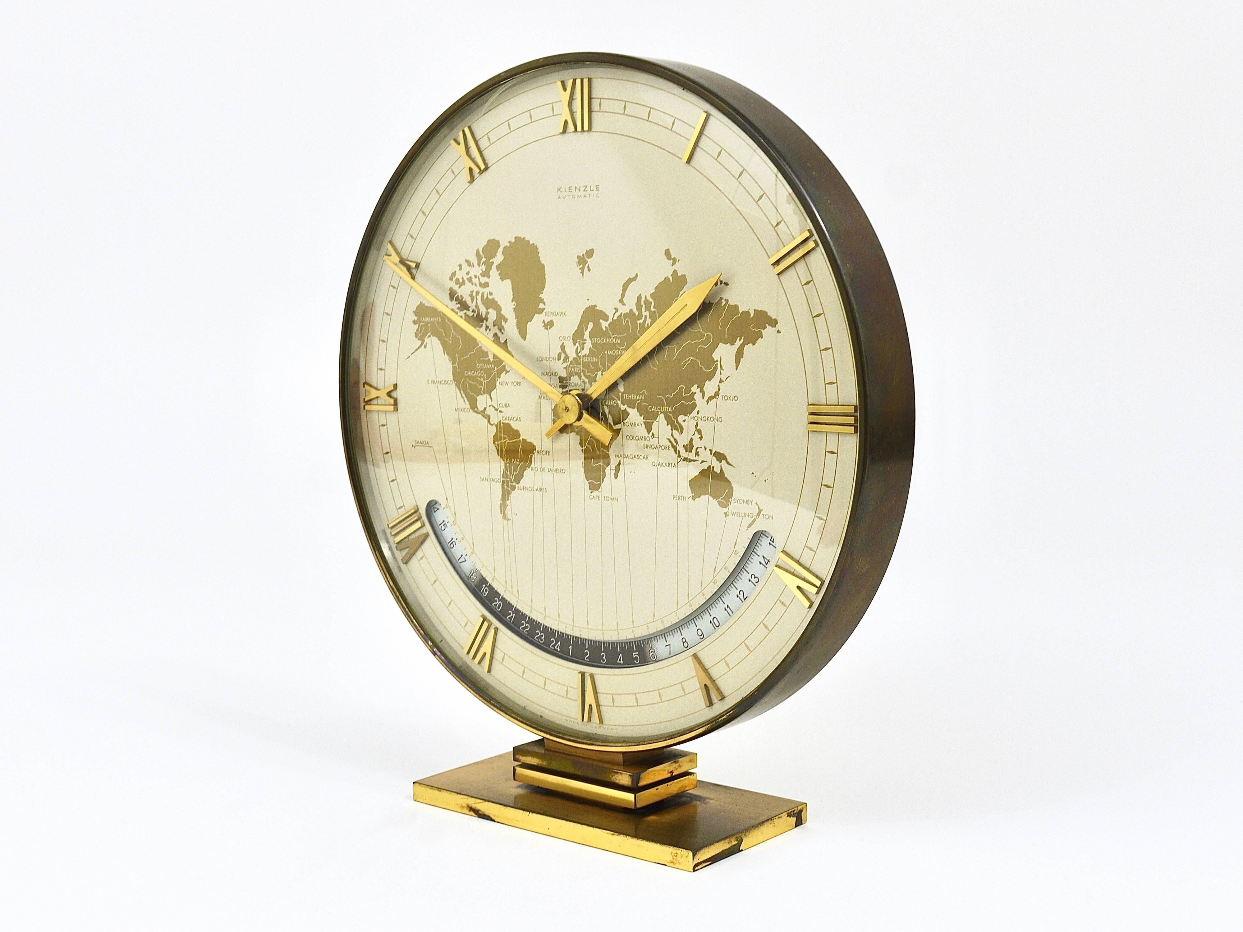 Mid-Century Modern Large Midcentury Kienzle GMT World Time Zone Brass Table Clock, Germany, 1950s