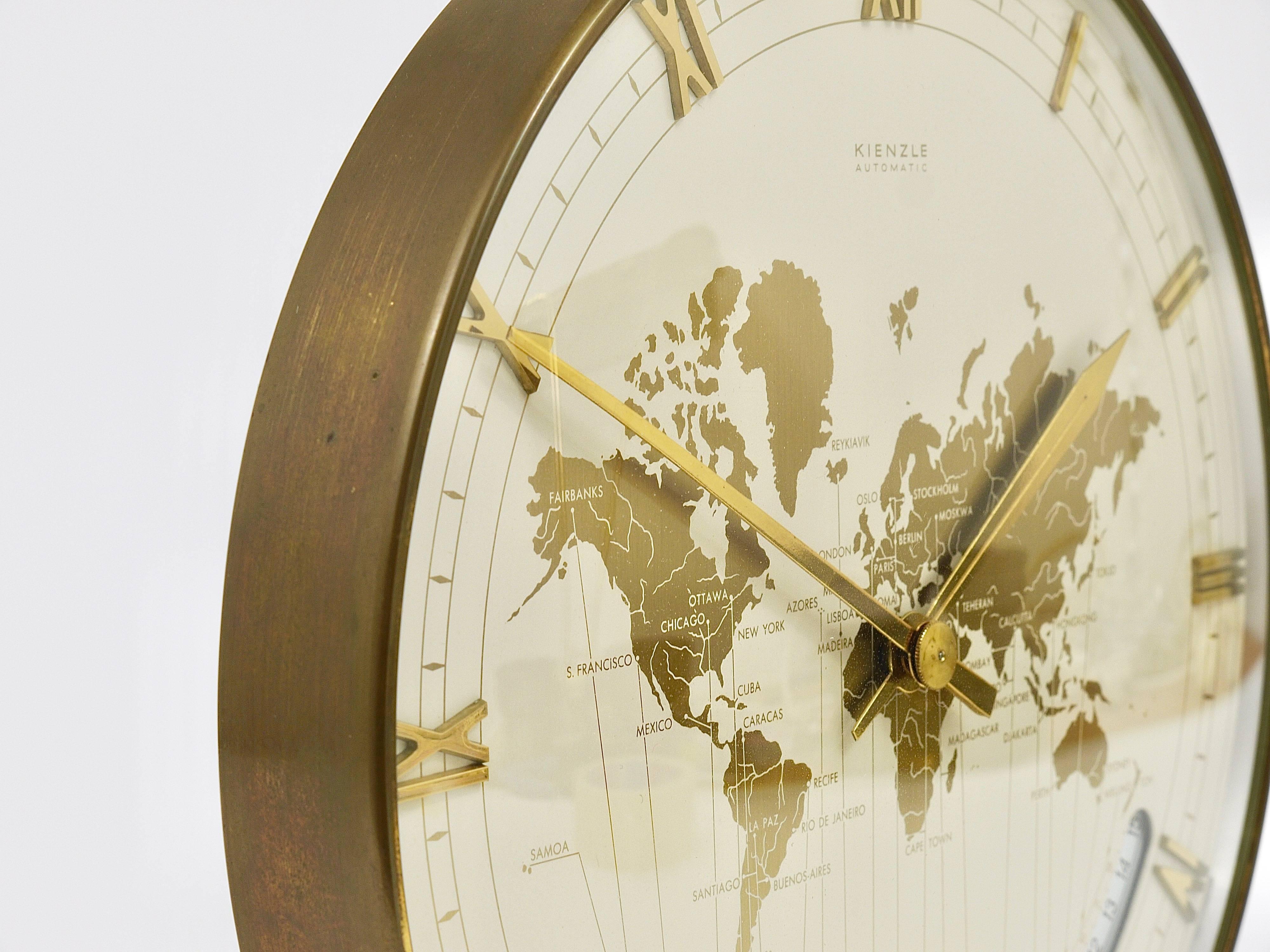 20th Century Large Midcentury Kienzle GMT World Time Zone Brass Table Clock, Germany, 1950s