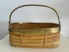 Vintage Rattan Basket with Brass Rim and Handle, Mid-Century Style