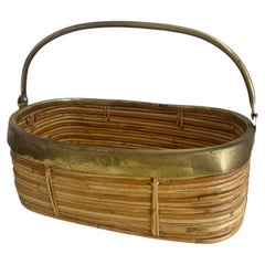 Vintage Rattan Basket with Brass Rim and Handle, Mid-Century Style