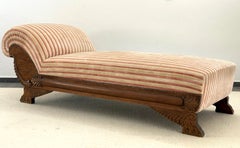 Rare early 20th-century daybed in carved oak and striped fabric