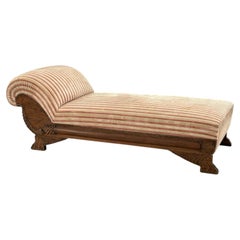 Rare early 20th-century daybed in carved oak and striped fabric