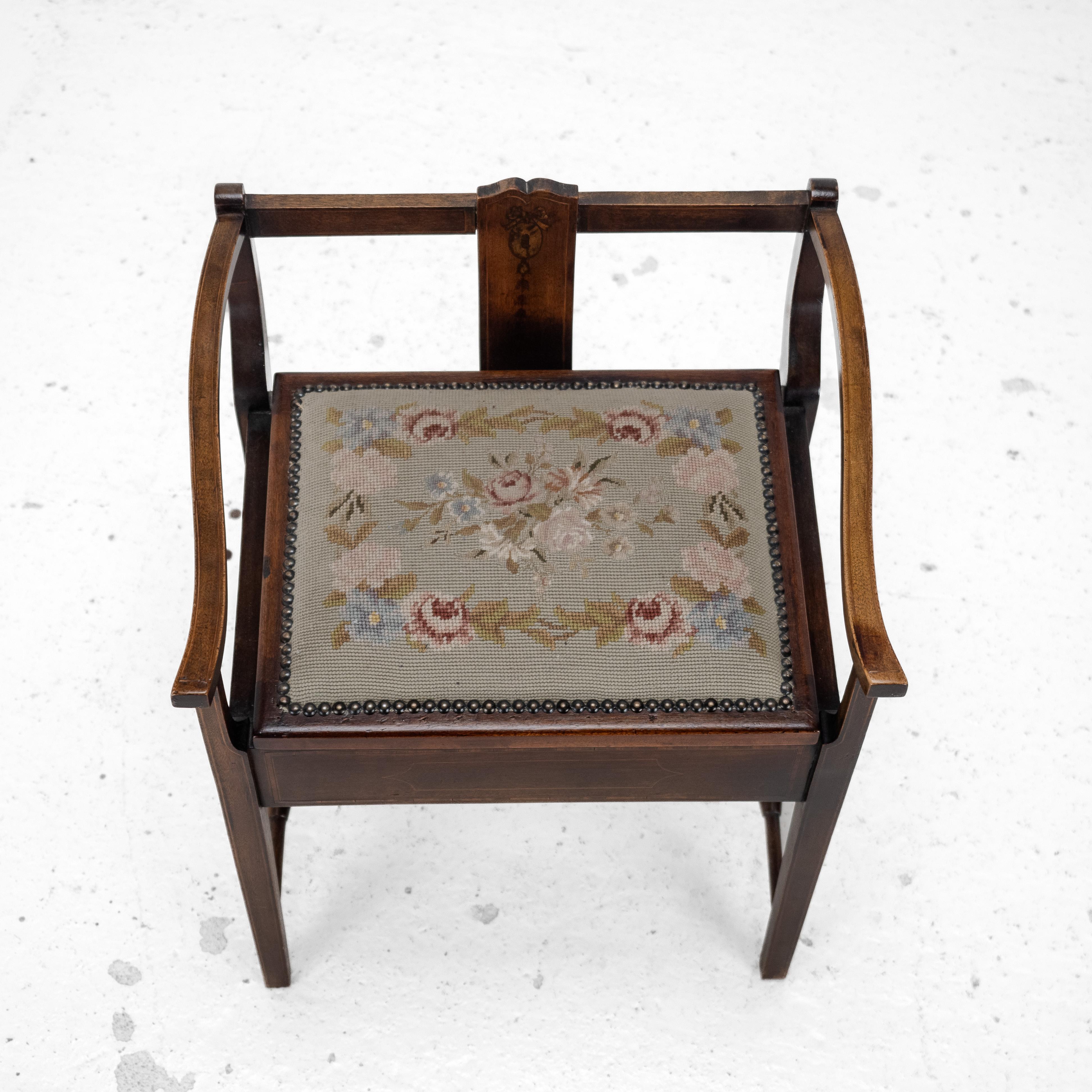 Mahogany Inlaid Tapestry Seat Piano / Music Storage Stool Edwardian For Sale 2